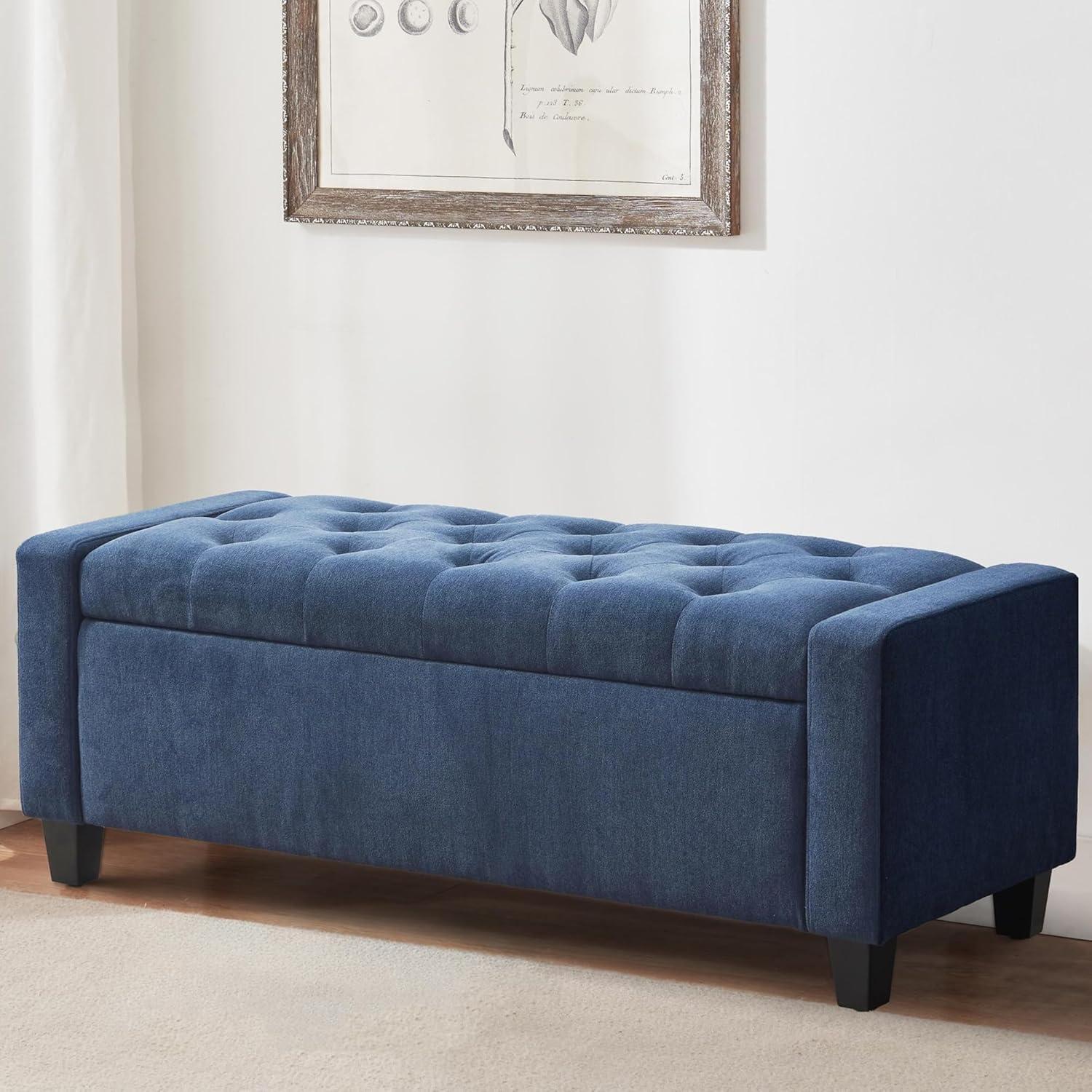 Dark Blue Upholstered Storage Ottoman Bench with Solid Wood Legs