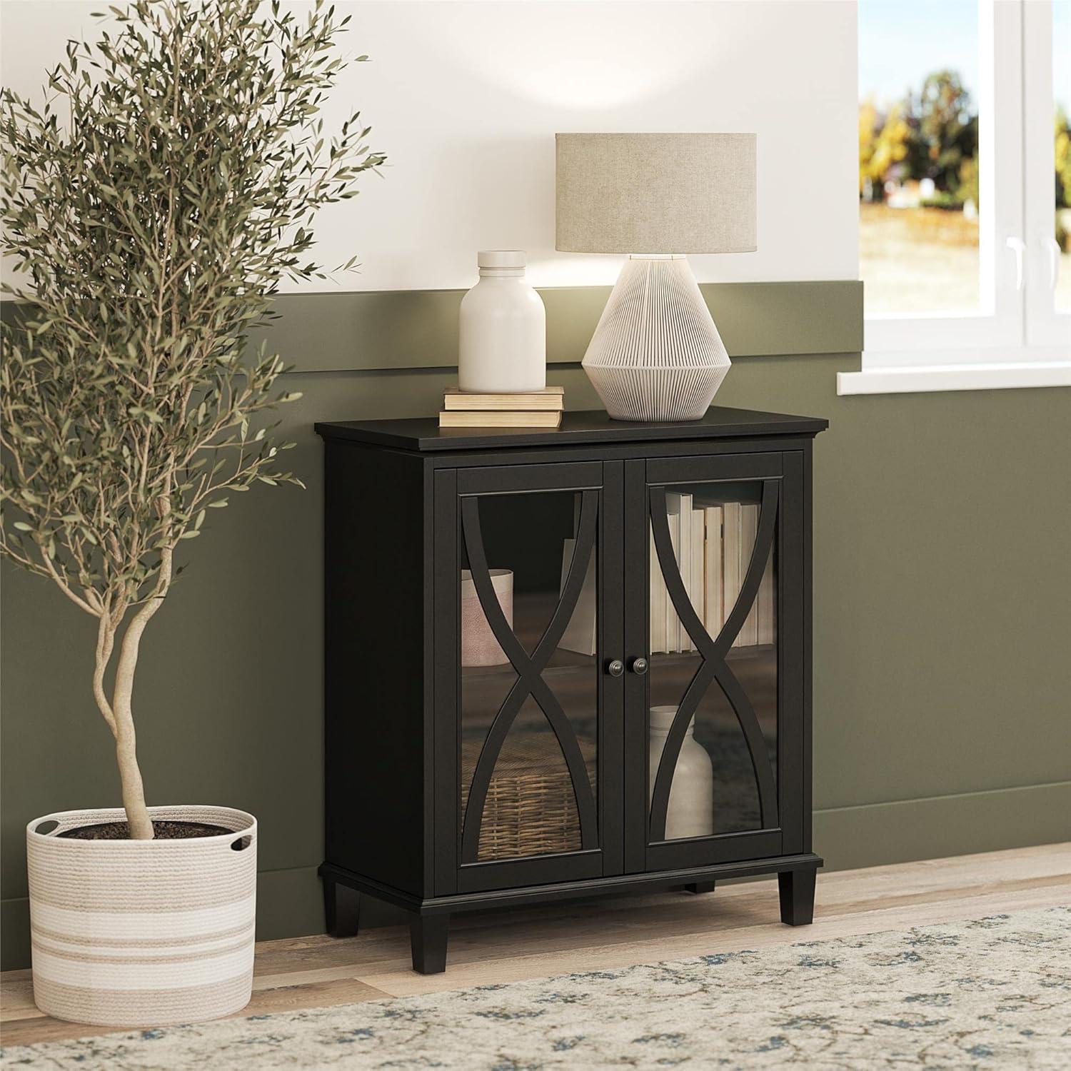 Black Glass-Paned Double Door Accent Cabinet with Adjustable Shelves