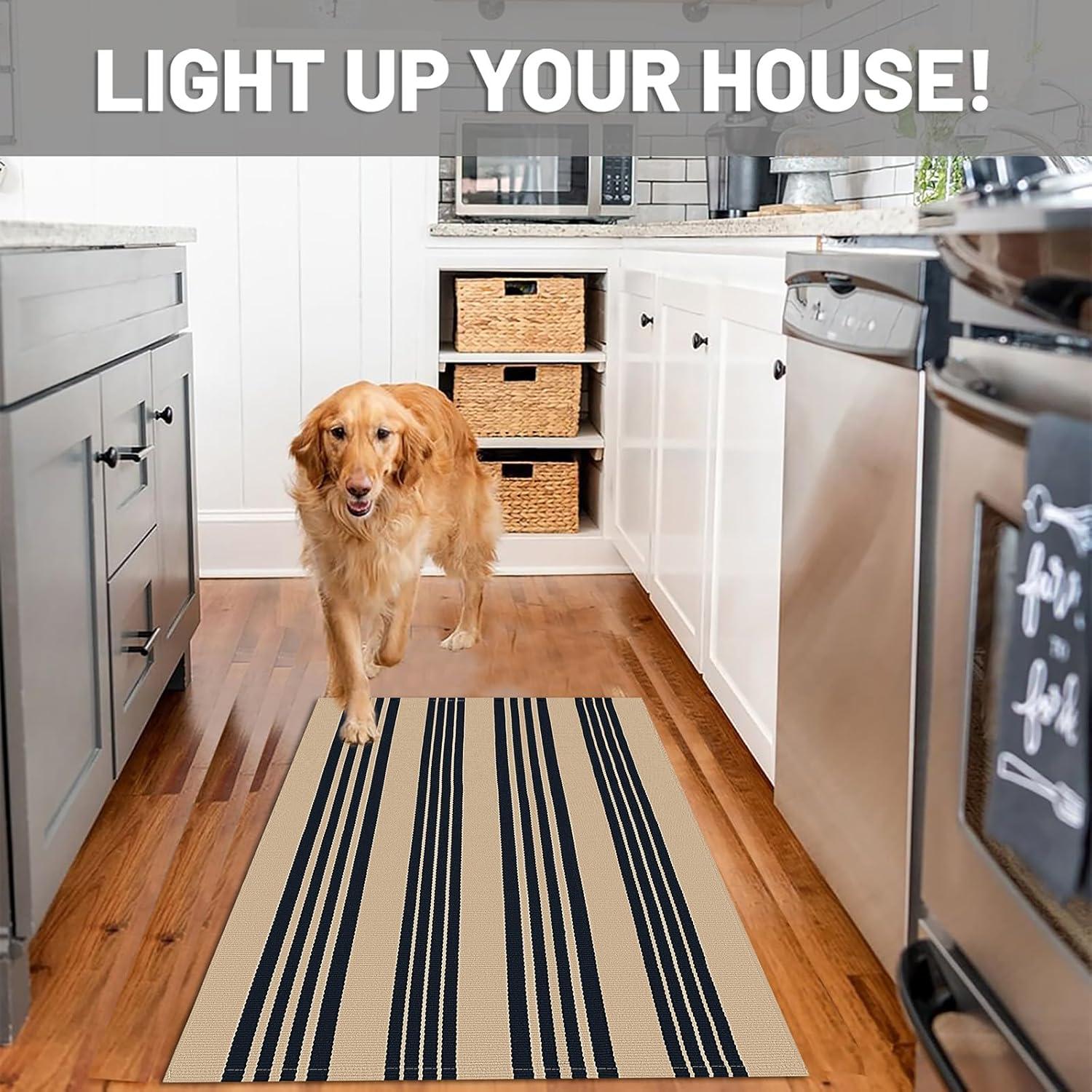 IOHOUZE Navy and White Striped Rug 2'x3' Front Door Rugs, Small Washable Area Rug for Front Porch, Spring Summer Doormats Outdoor Indoor, Cotton Rugs for Entryway Porch Entrance