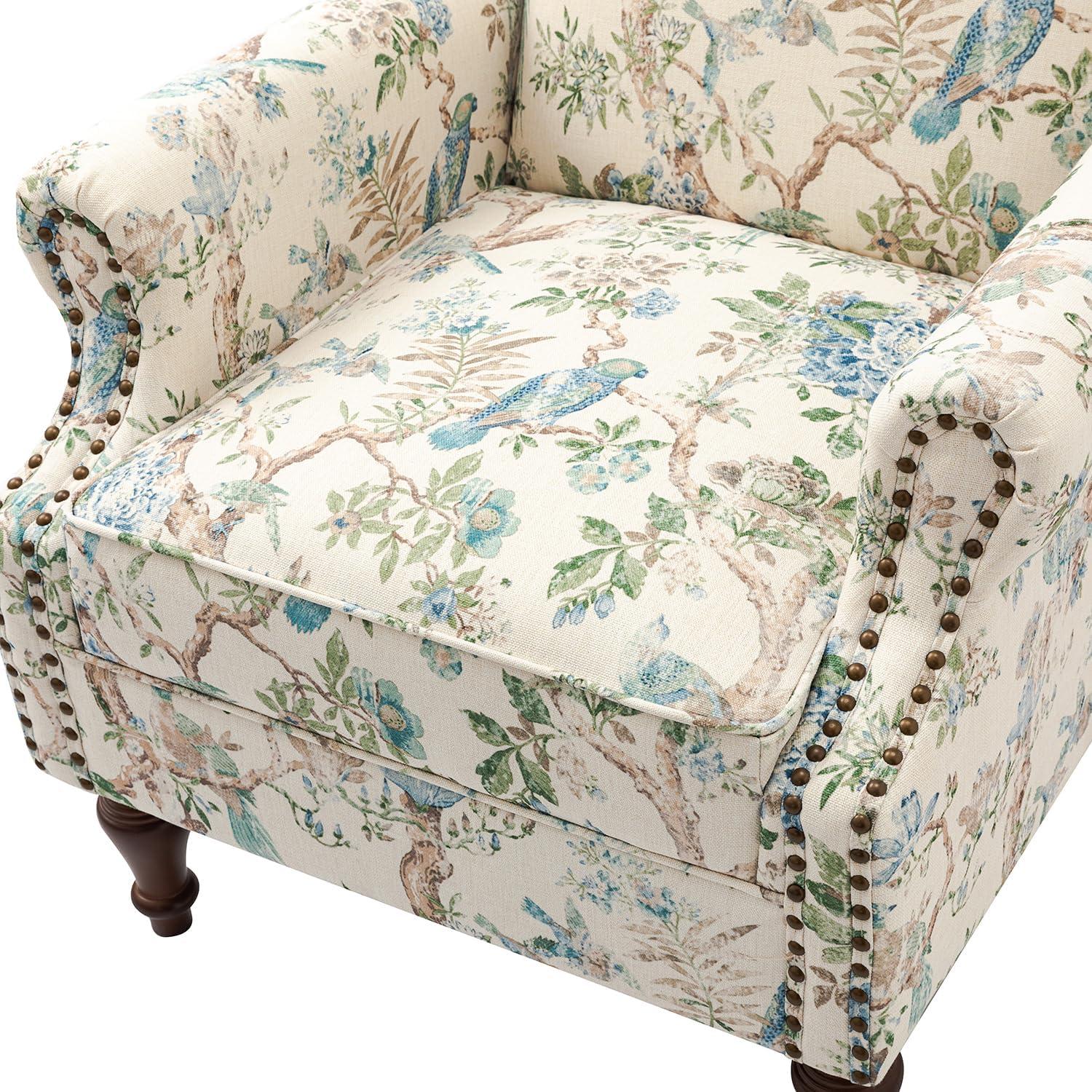 Beige Floral Pattern Wingback Accent Chairs with Wooden Legs