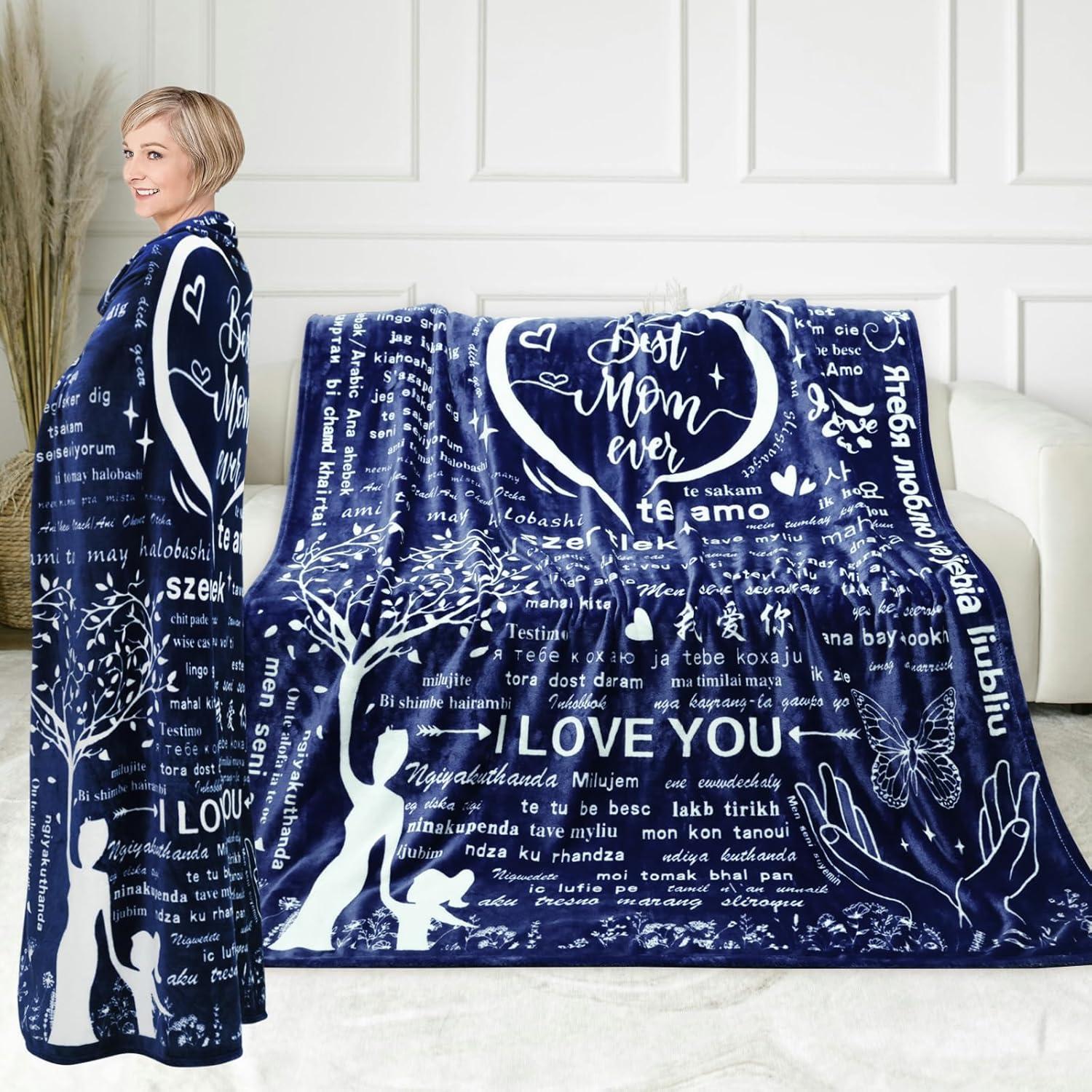 Gifts for Mom Wife Valentines Day Throw Blanket Gifts for Grandma, Best MOM Ever Surrounded by Heart Shape with 100 Languages I Love You Blanket, Mom Gifts Christmas Mother‘s Day 60''x70''