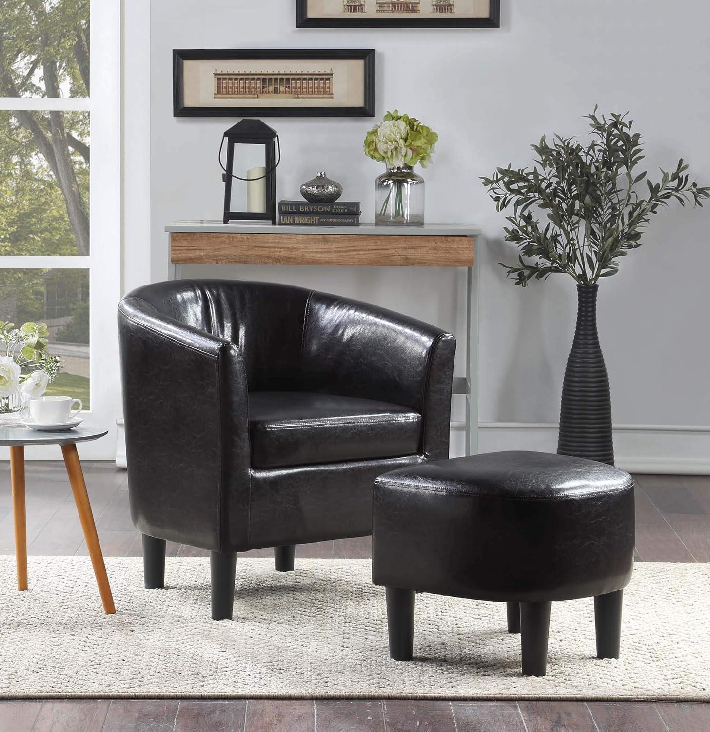 Convenience Concepts Take a Seat Churchill Accent Chair with Ottoman, Black Vegan Leather
