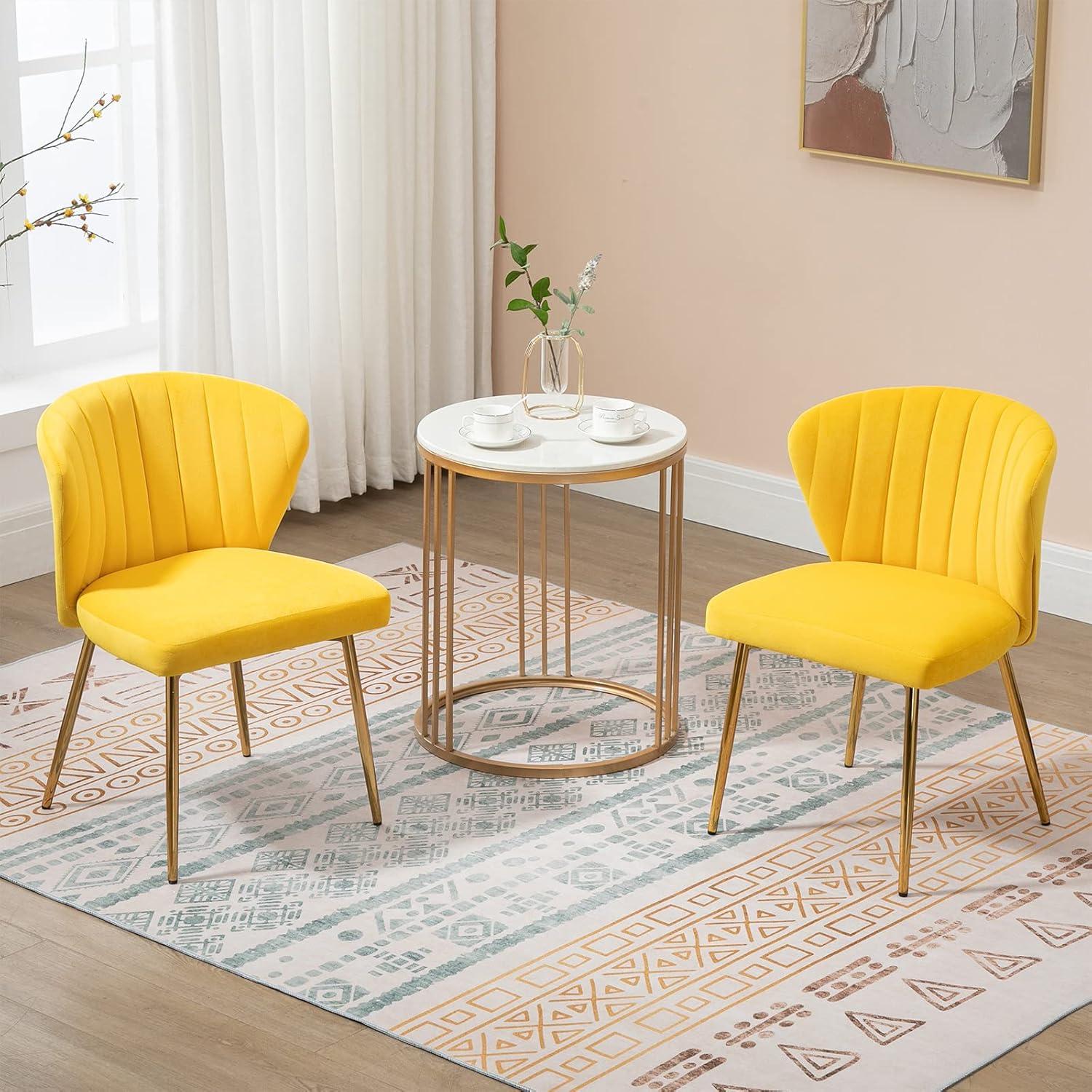 Yellow Velvet Upholstered Side Chair with Gold Legs, Set of 2