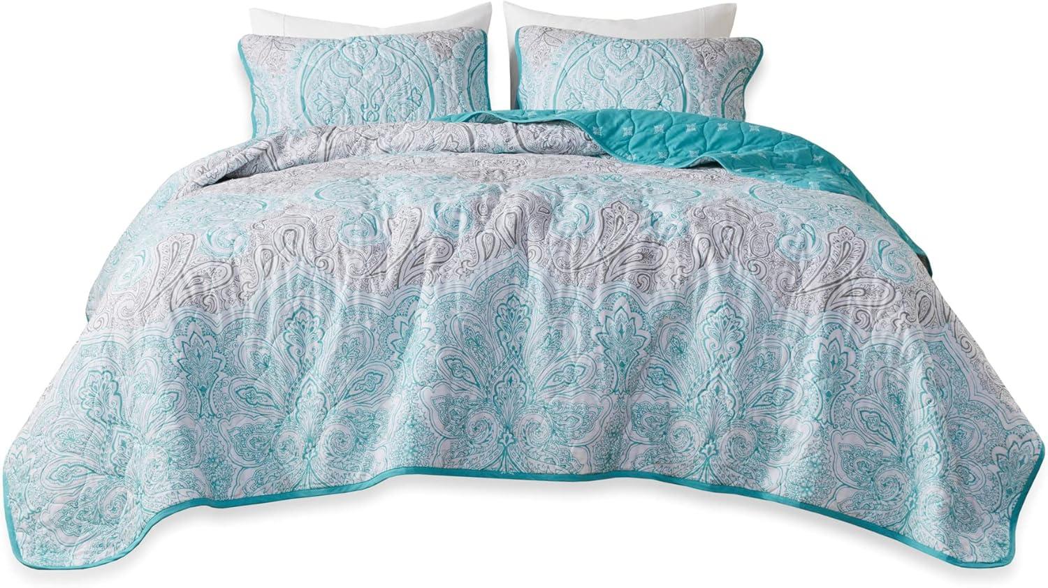 Madison Park Cardi Reversible Cotton Quilt Set - Paisley Design, Boho Reverse Summer Breathable Coverlet, Lightweight All Season Bedding Layer, Shams, Full/Queen(90"x90"), Teal 3 Piece
