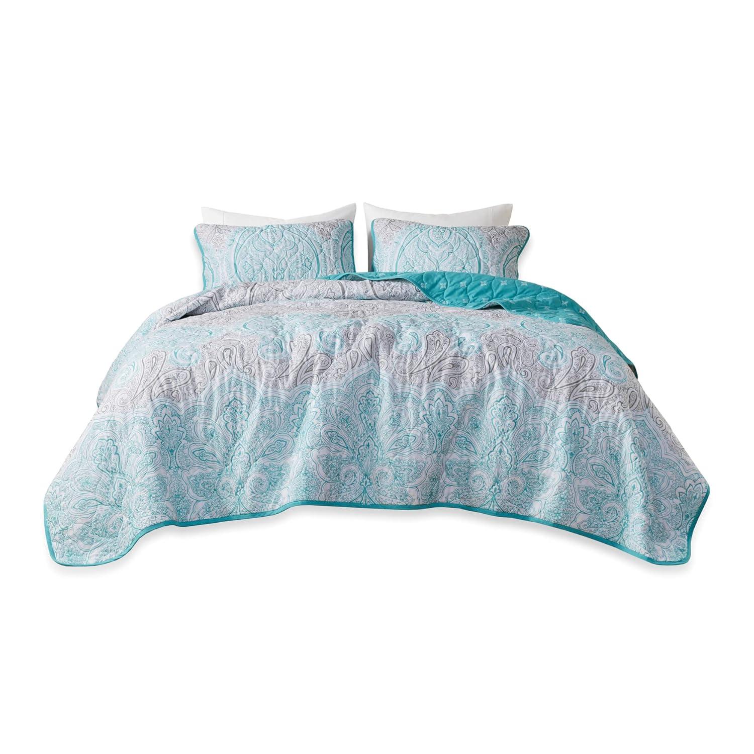 Madison Park Cardi Reversible Cotton Quilt Set - Paisley Design, Boho Reverse Summer Breathable Coverlet, Lightweight All Season Bedding Layer, Shams, Full/Queen(90"x90"), Teal 3 Piece