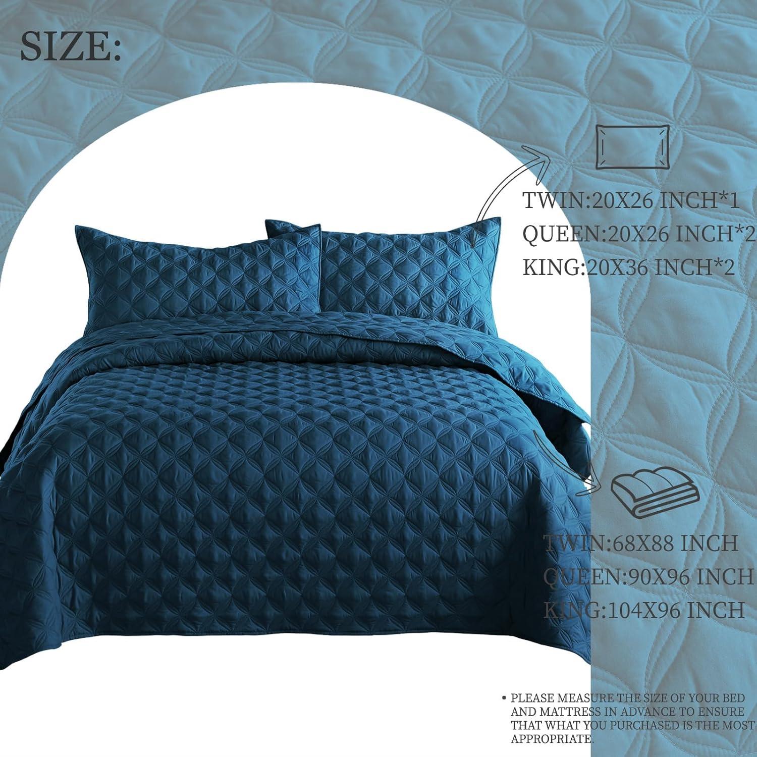 Exclusivo Mezcla Reversible Queen Quilt Set, 3-Piece Lightweight Quilts Soft Bedspreads Bed Coverlets, Navy Blue