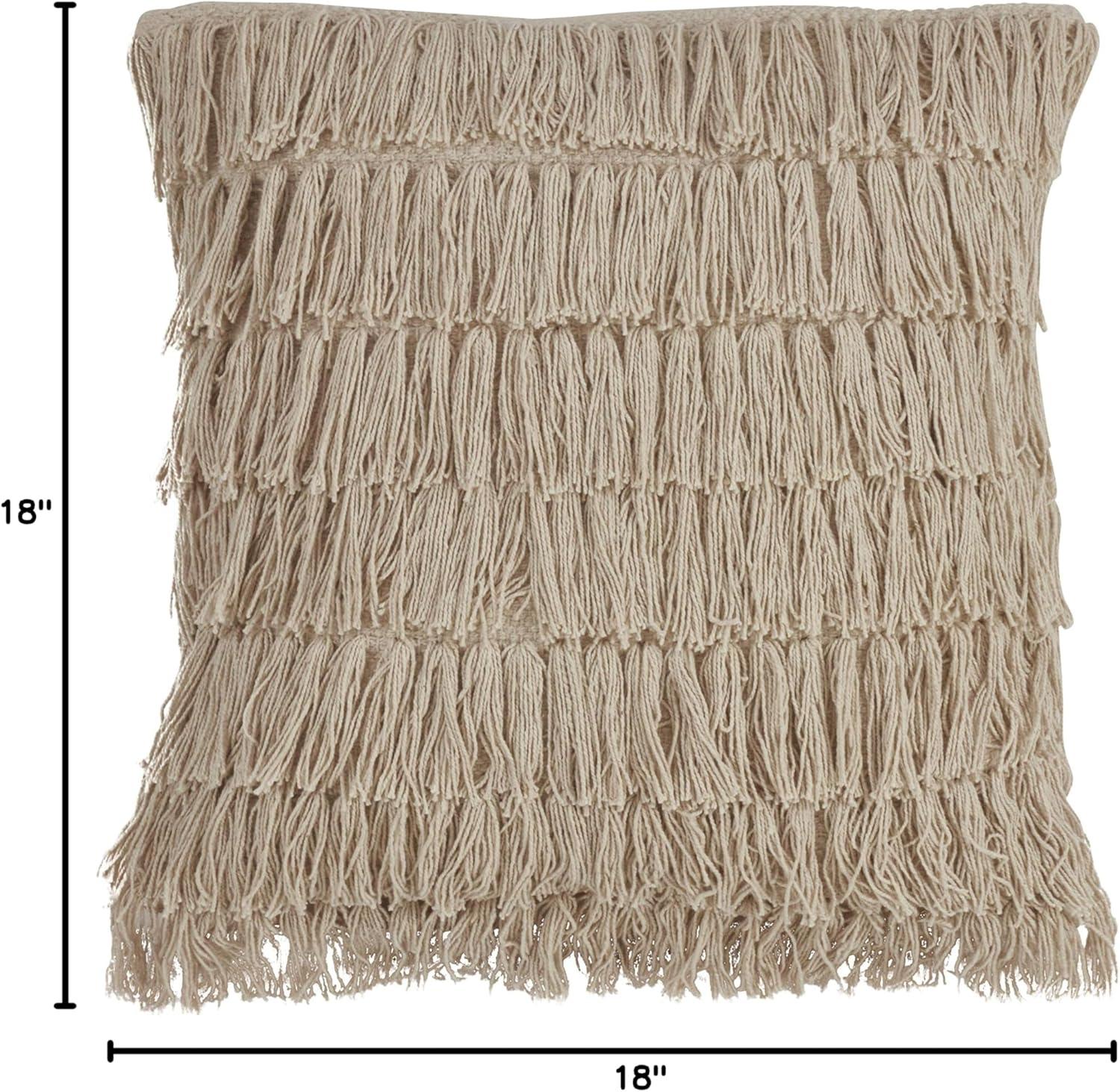 Beige Cotton Woven Fringes Square Throw Pillow