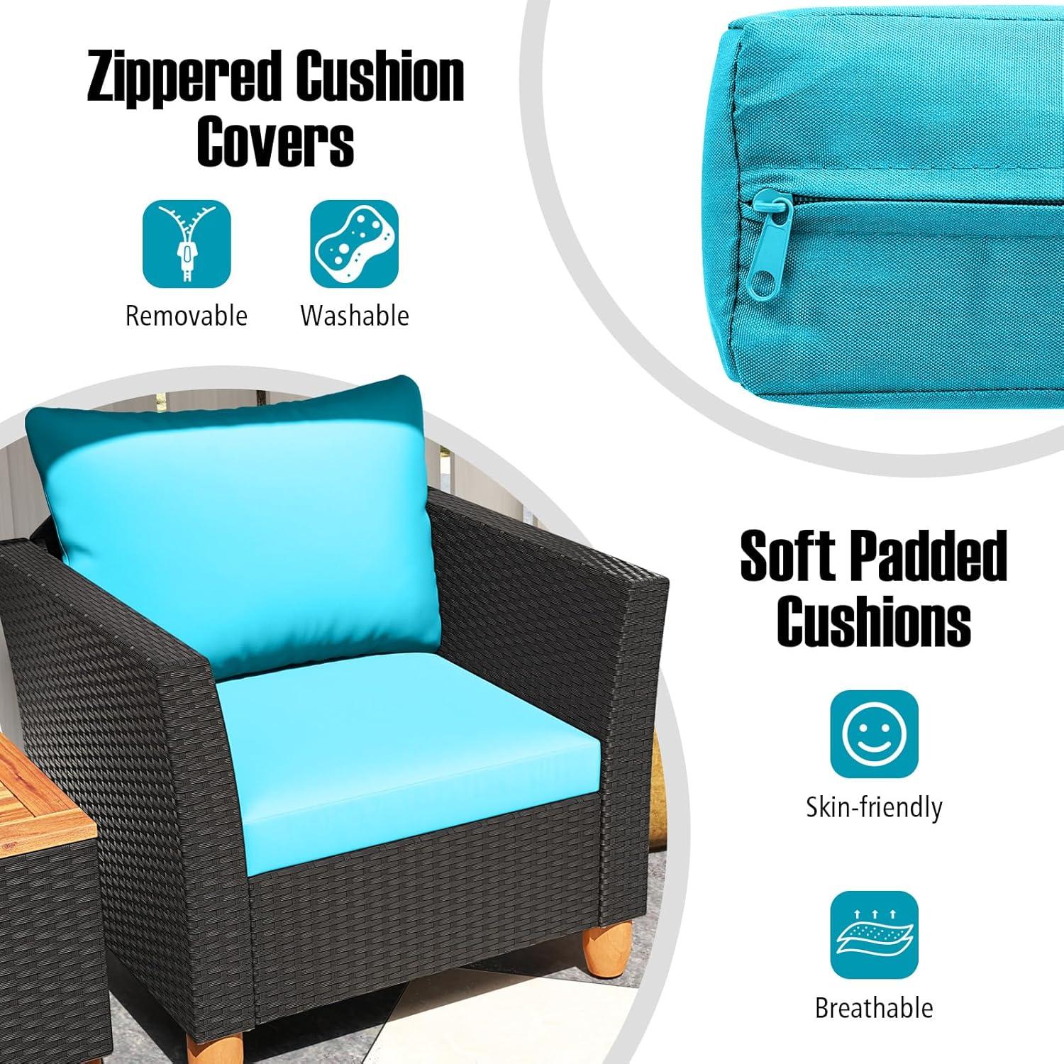 Tangkula 3PCS Patio Rattan Conversation Set Outdoor Furniture Set w/ Turquoise Cushions