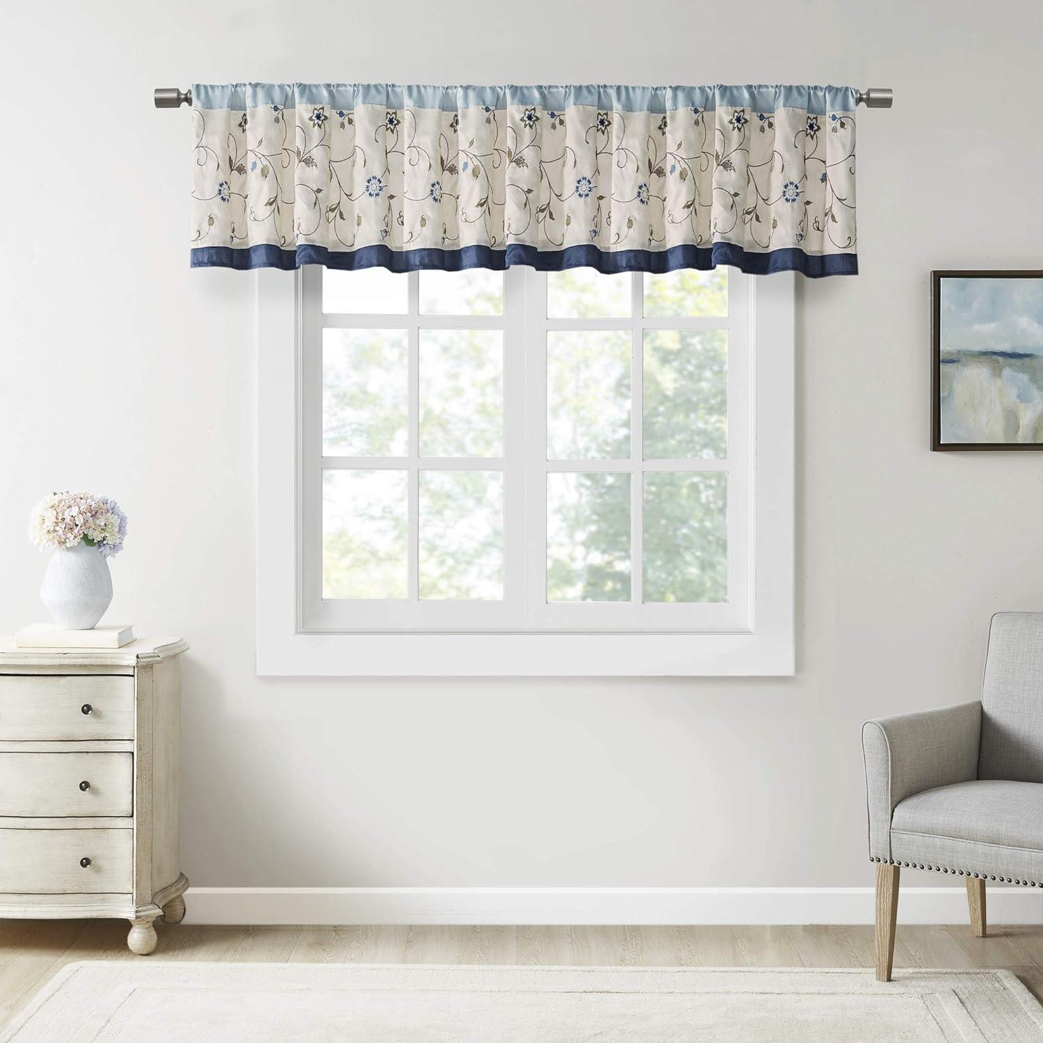 Navy and Beige Floral Embroidered Rod Pocket Valance