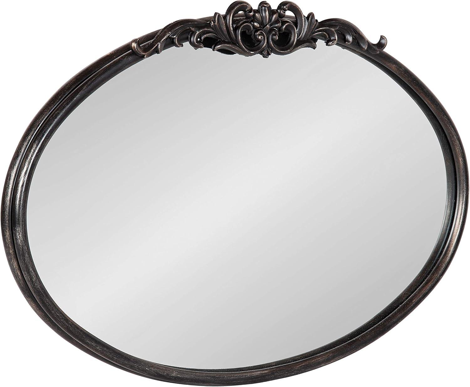 Black Oval Wood Wall Mirror with Intricate Overlay