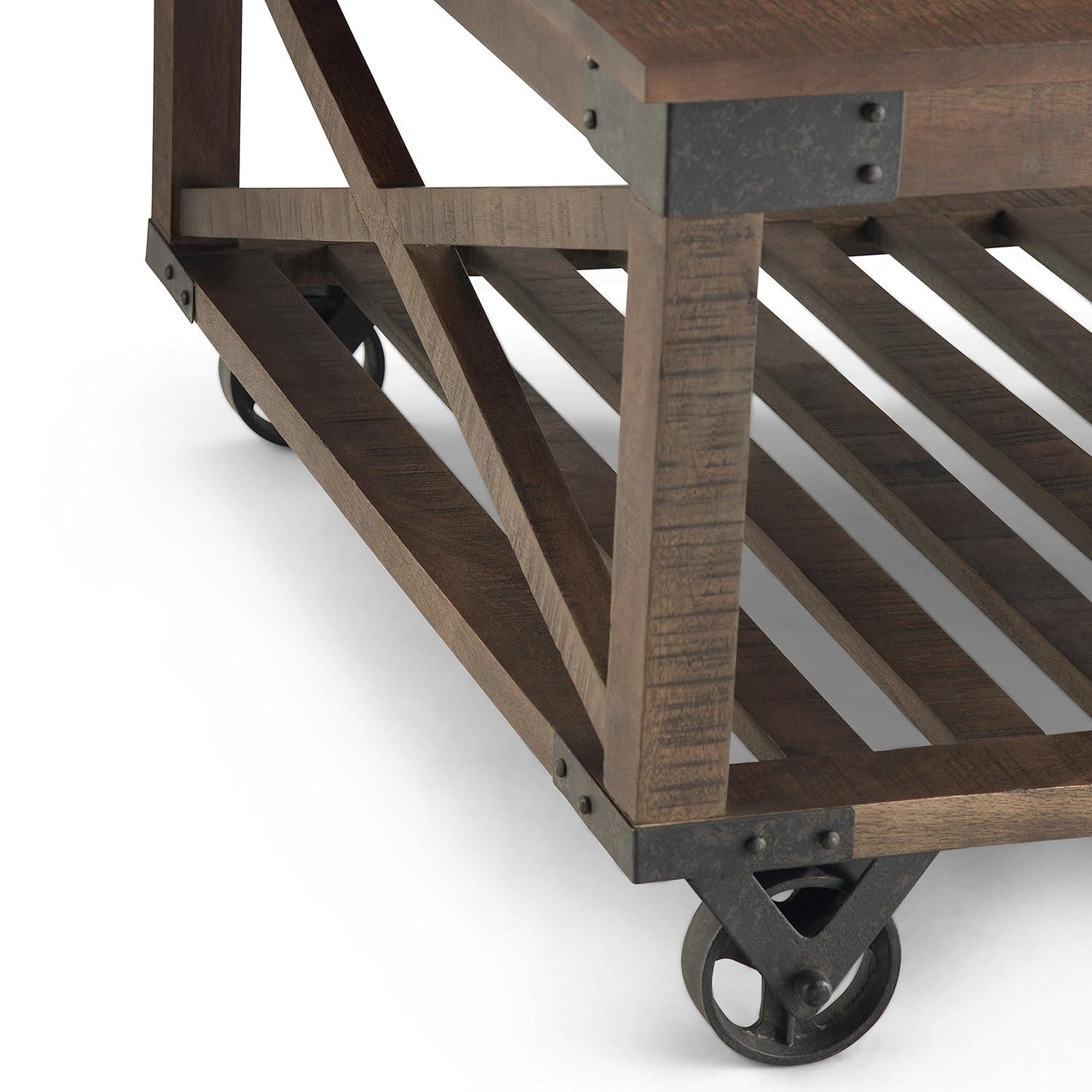 Simpli Home Harding 32"W Solid Mango Wood Industrial Square Coffee Table with Metal Accents, Open Shelf, and Iron Wheels