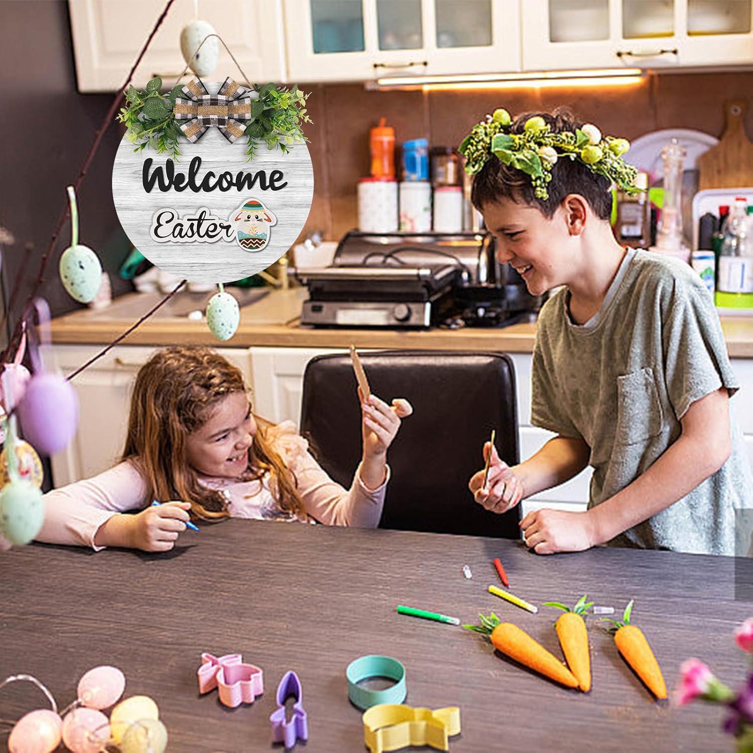 RoseCraft Interchangeable Wooden Seasonal White Welcome Sign, Rustic Welcome Front Door Wreaths for Home Wall Porch Decor, for Easter Spring Summer Fall Halloween Christmas All Season Decorations.