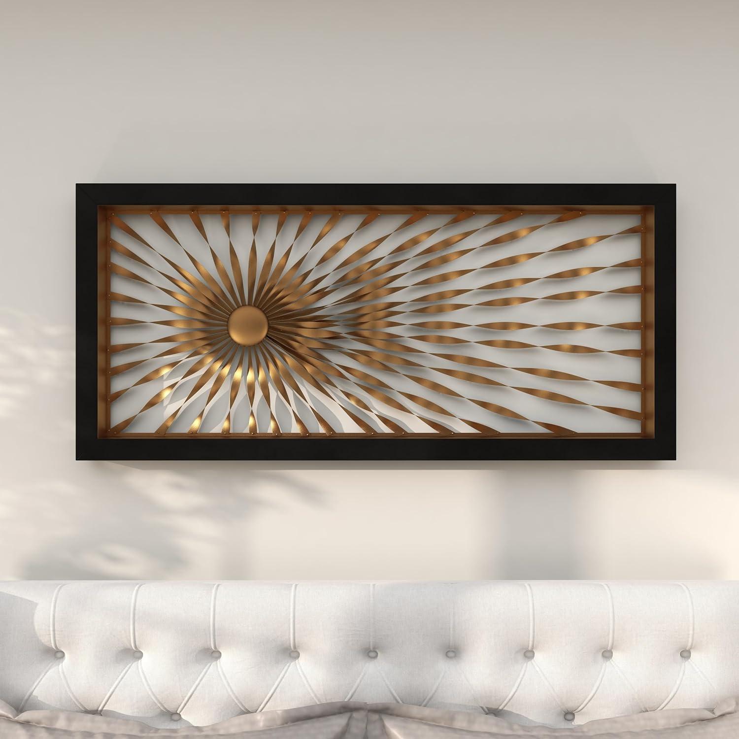 DecMode Gold Metal Coiled Ribbon Sunburst Wall Decor with Black Frame