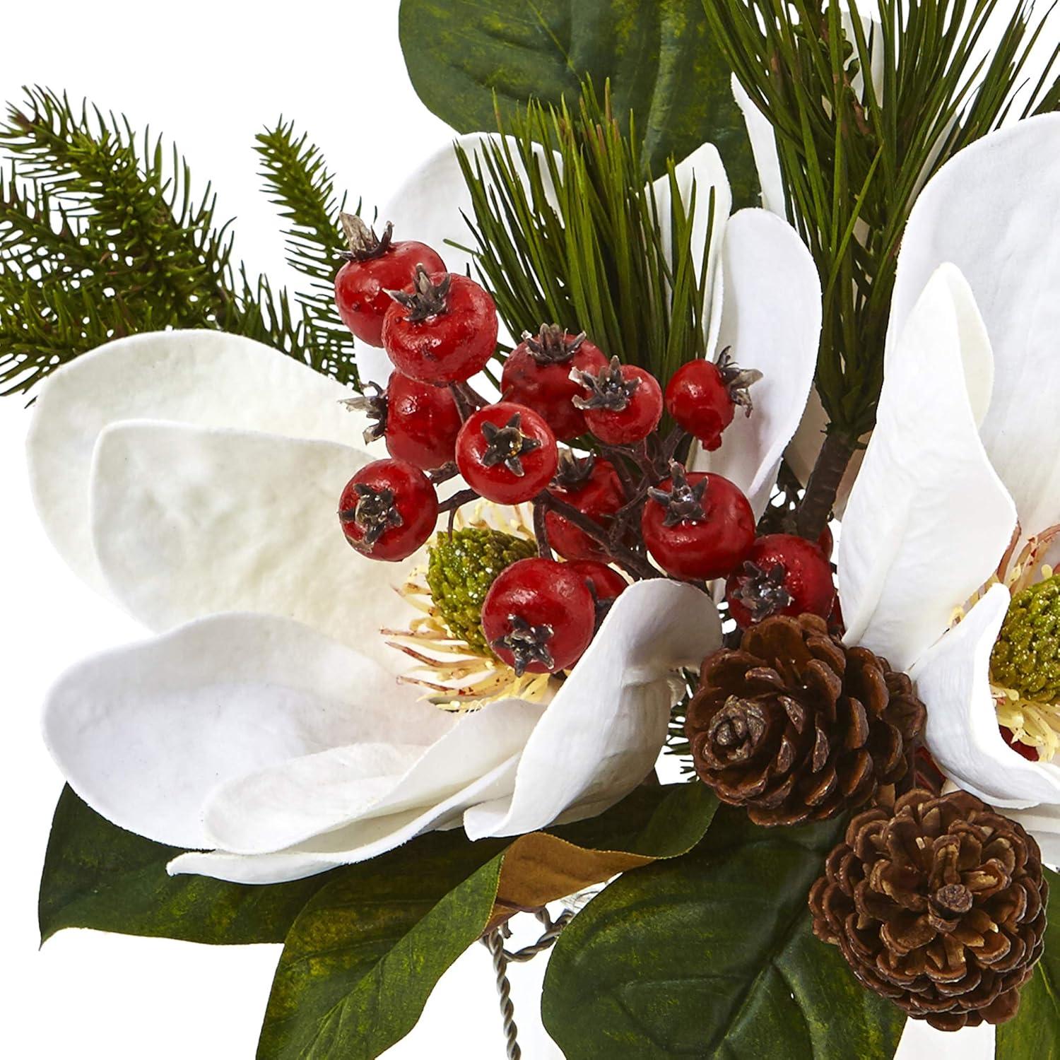 Winter Magnolia, Pine, and Berry Arrangement in Glass Vase