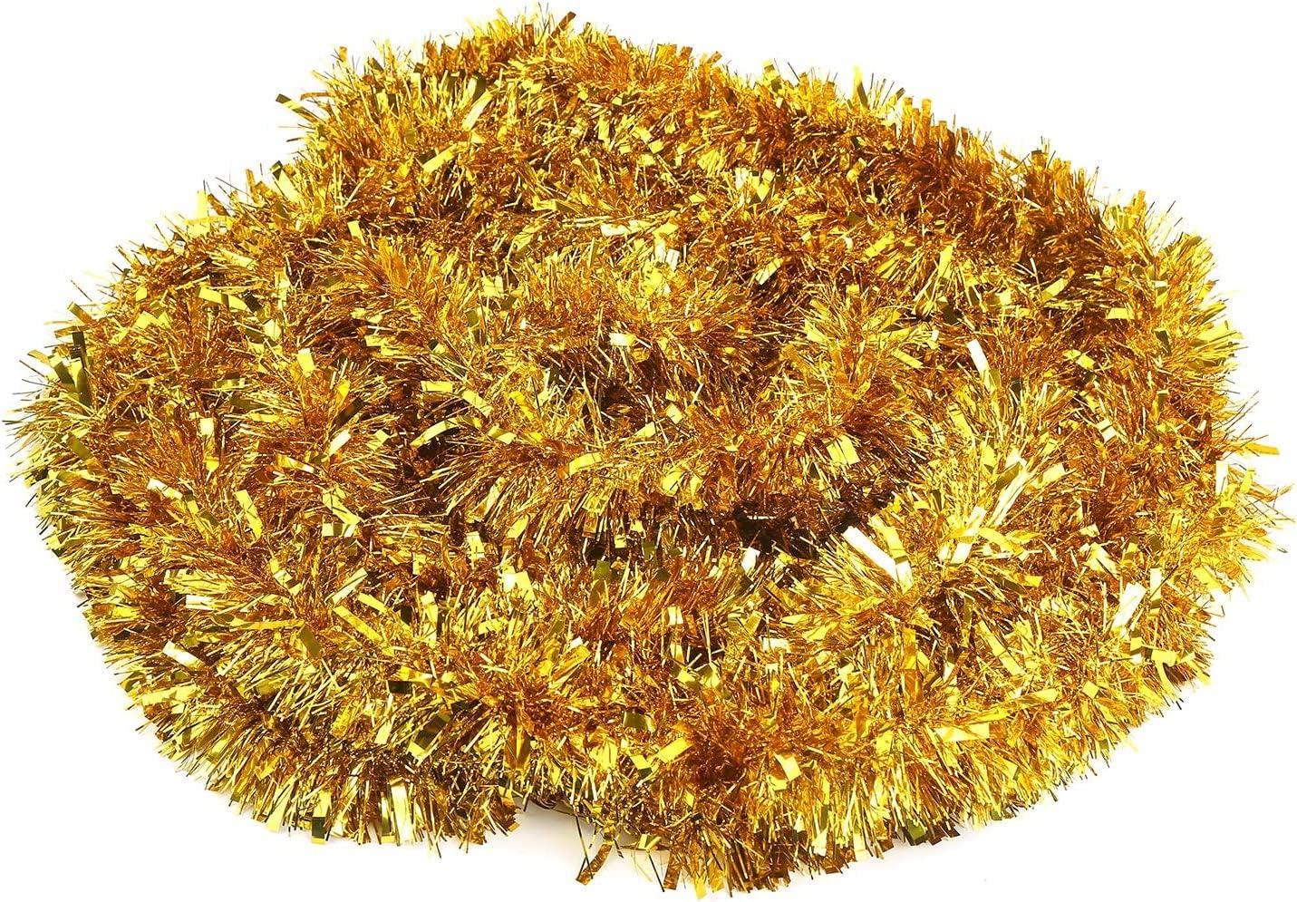 FINGOOO Gold Garland Christmas Decorations,33Ft/10M Thick Fluffy Christmas Tree Tinsel Garland Wedding Birthday Decor