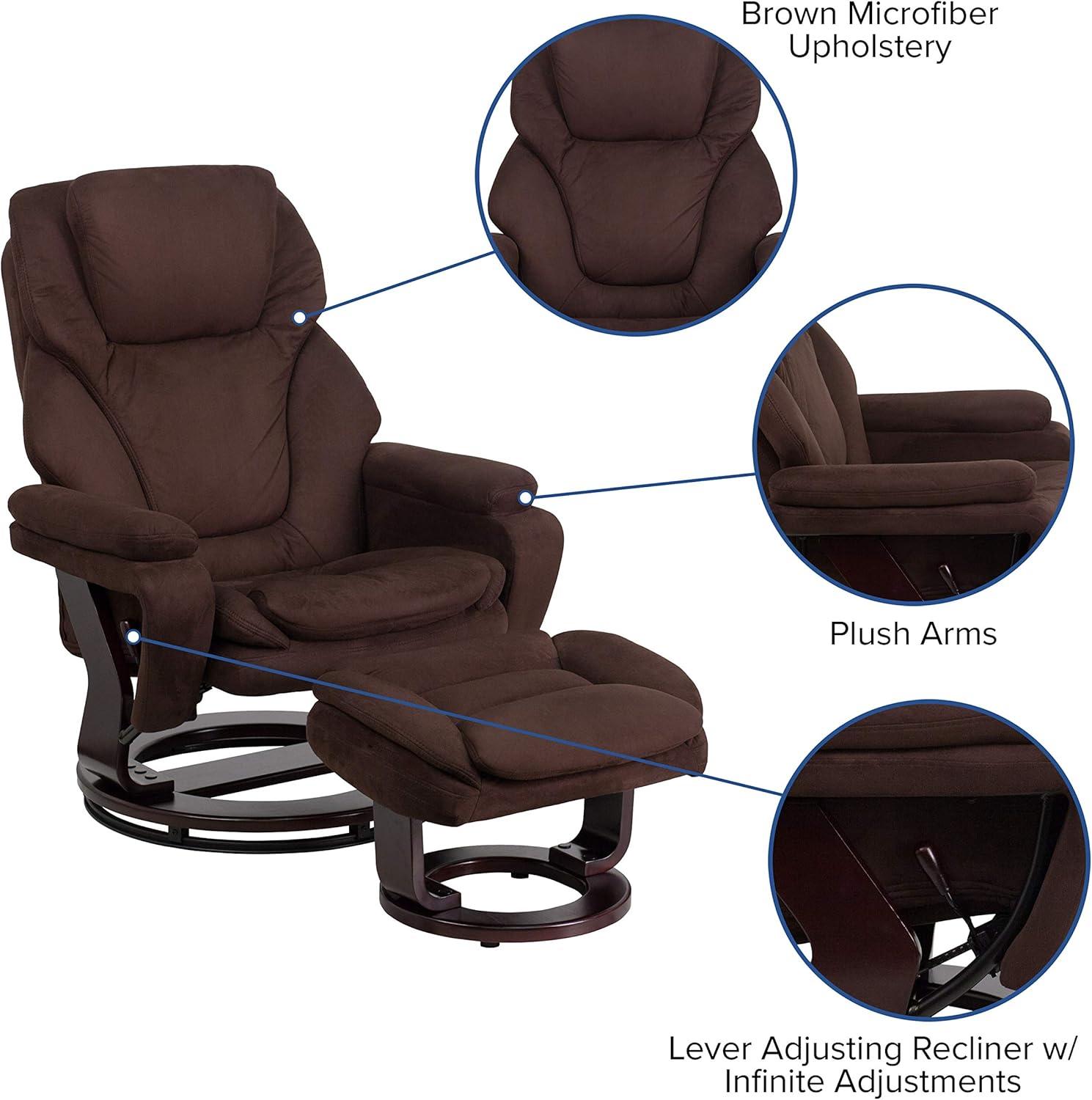 Flash Furniture Contemporary Multi-Position Recliner and Ottoman with Swivel Mahogany Wood Base in Brown Microfiber