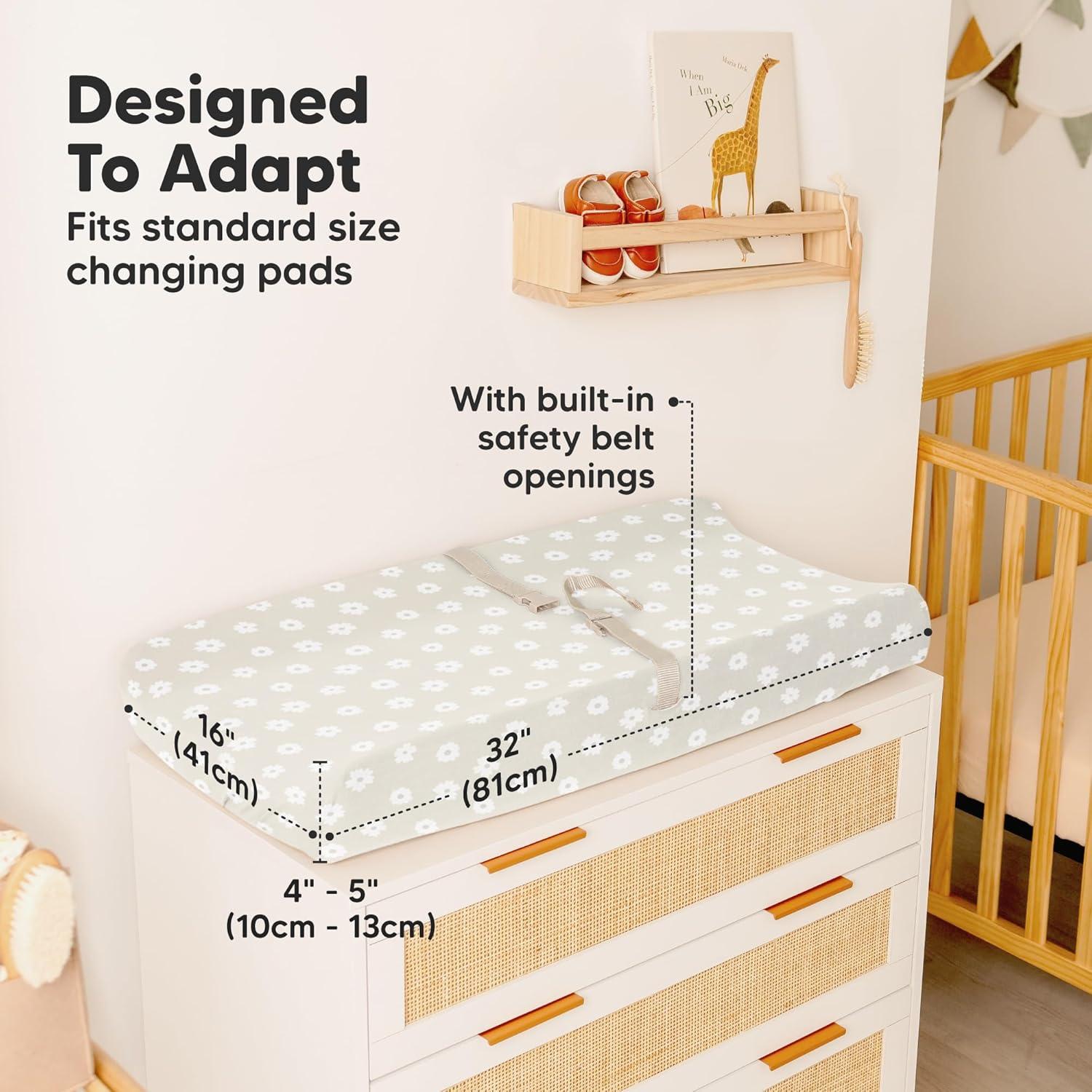 2pk Isla Changing Pad Covers for Girl, Boy, Soft Contoured Diaper Changing Table Pad Cover Sheets Neutral (Meadow)