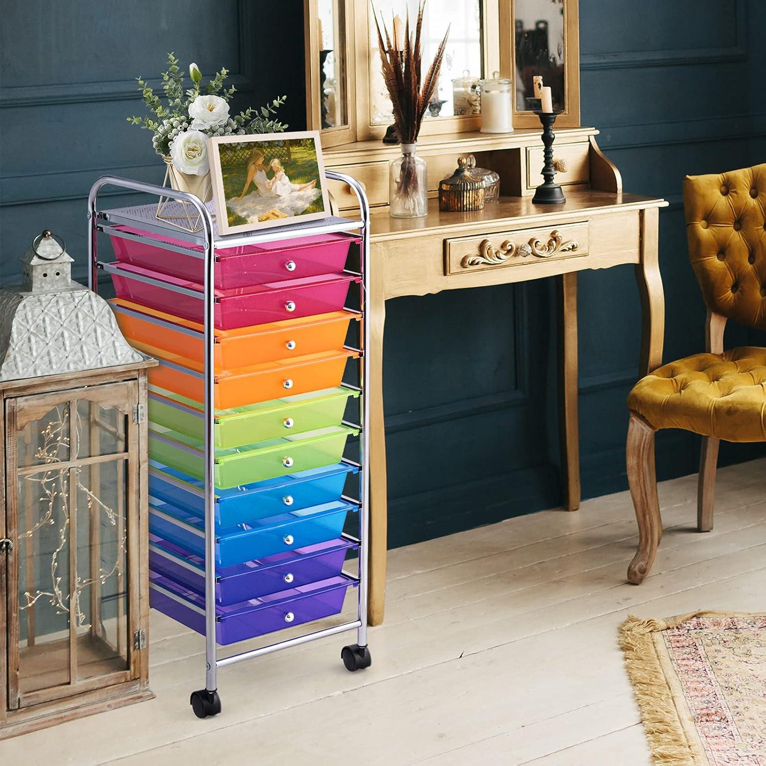 Multicolor 10-Drawer Rolling Storage Cart with Alloy Steel Frame