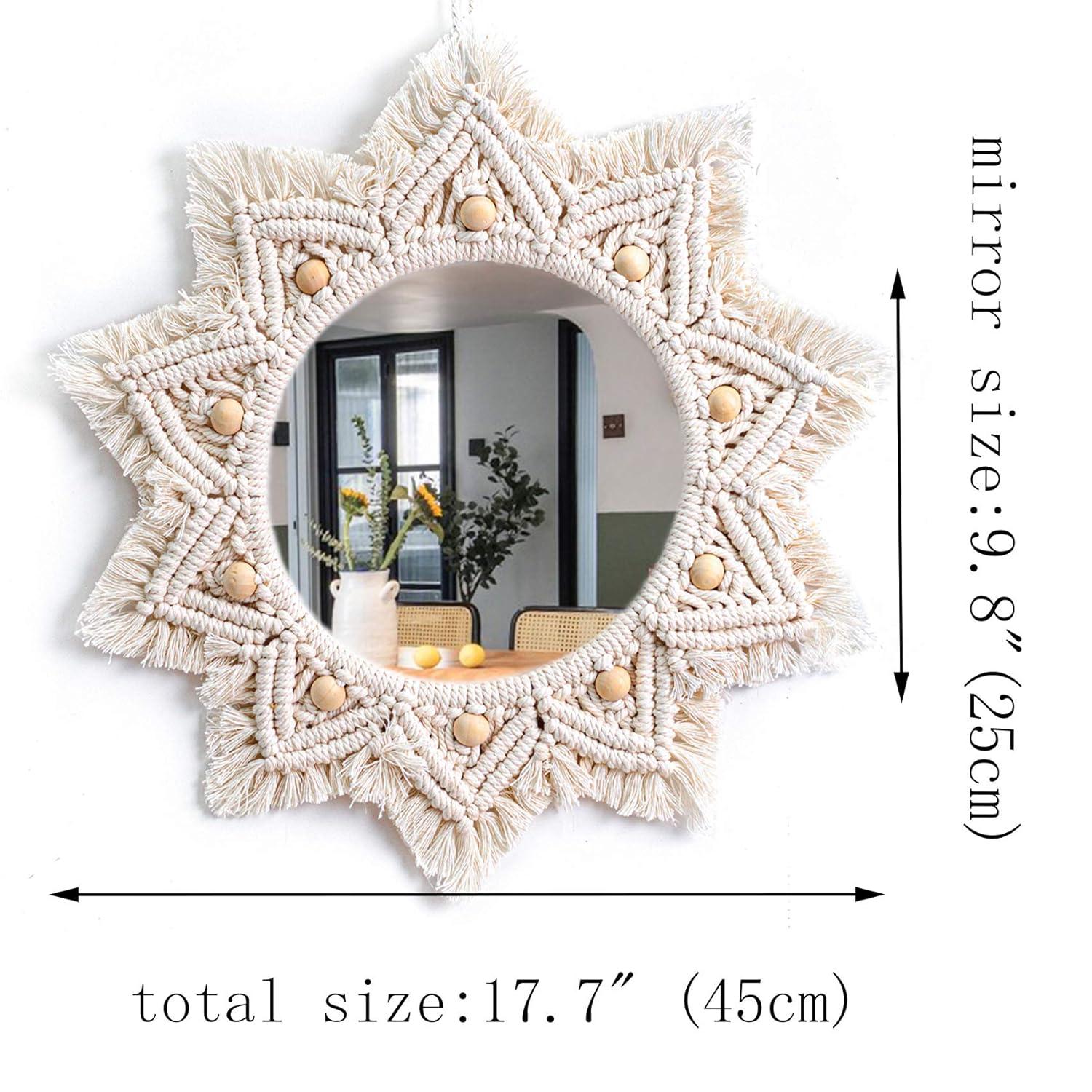 Boho Wall Decor Mirror Macrame Circle Hanging Mirror for Bedroom Living Room Apartment Entryway Home Decor
