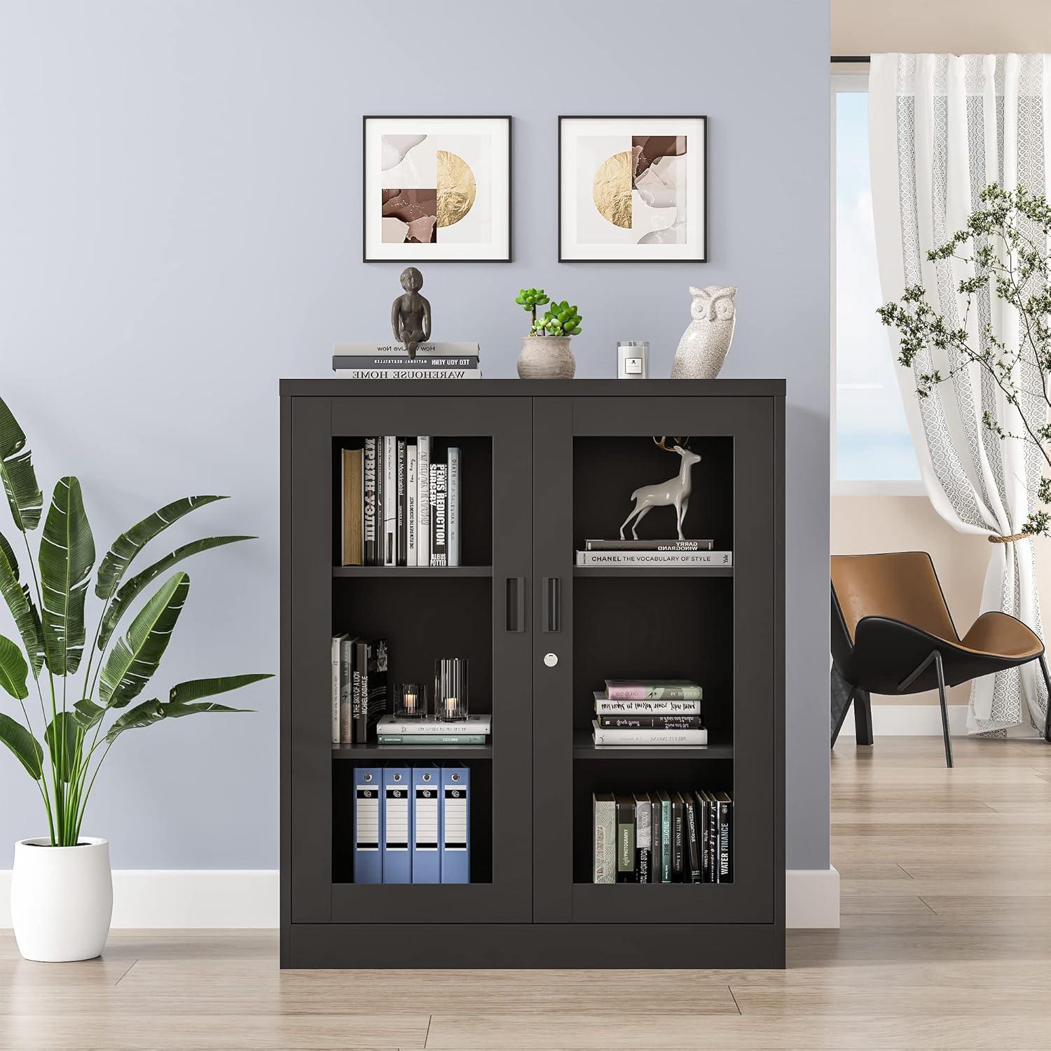 Drevy Metal Storage Cabinet with Doors and Shelves,Glass Cabinet Display Cabinet with Glass Doors,Office Cabinet with Storage Shelves and Double Doors, for Garage and Utility Room, Home Office