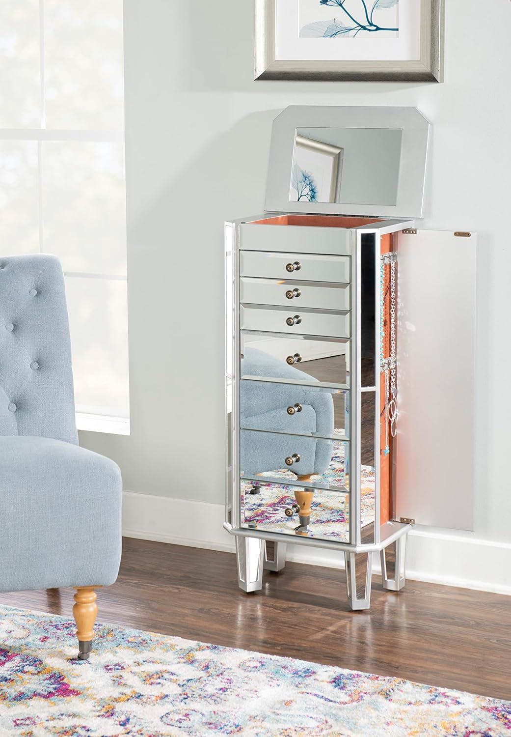 Linon Mason Mirrored 7 Drawer Flip Top Side Storage Jewelry Armoire in Silver