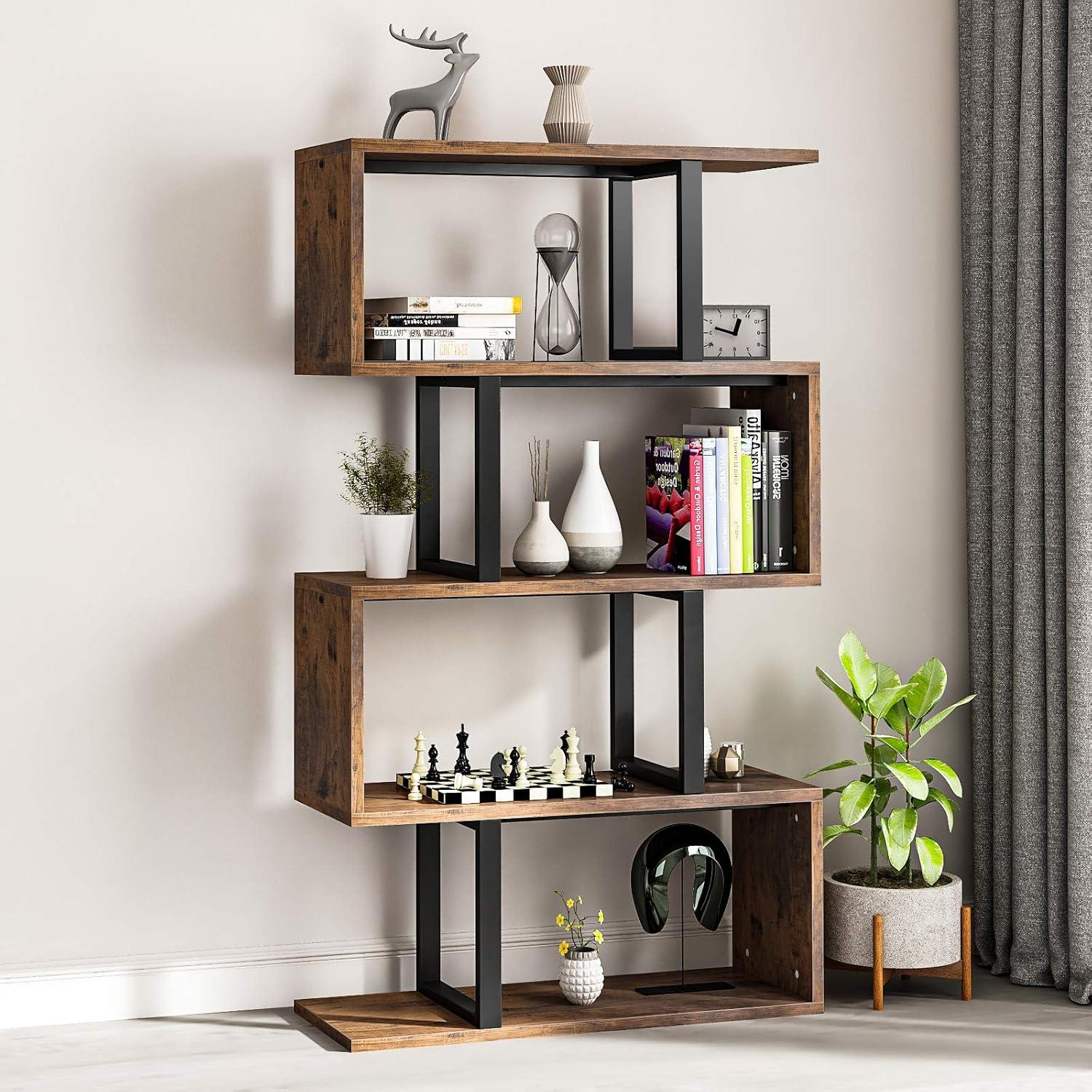 Retro Brown S-Shaped 5-Tier Particle Board and Metal Bookshelf