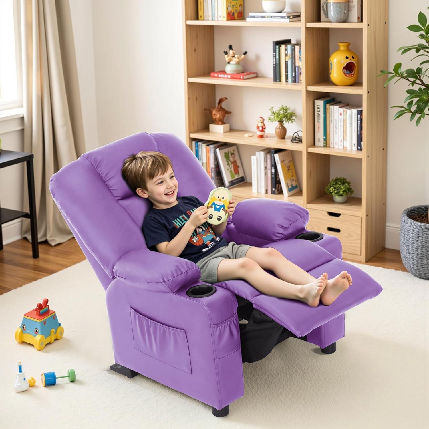 MCombo Big Kids Recliner Chair with Cup Holders for Toddler Boys and Girls, 2 Side Pockets, 3+ Age Group, Faux Leather 7322 Violet