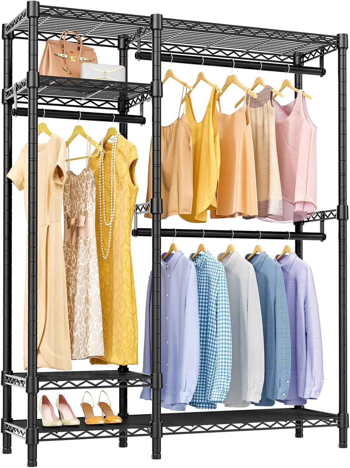 Black Heavy Duty Metal Garment Rack with Shelves and Hanging Rods