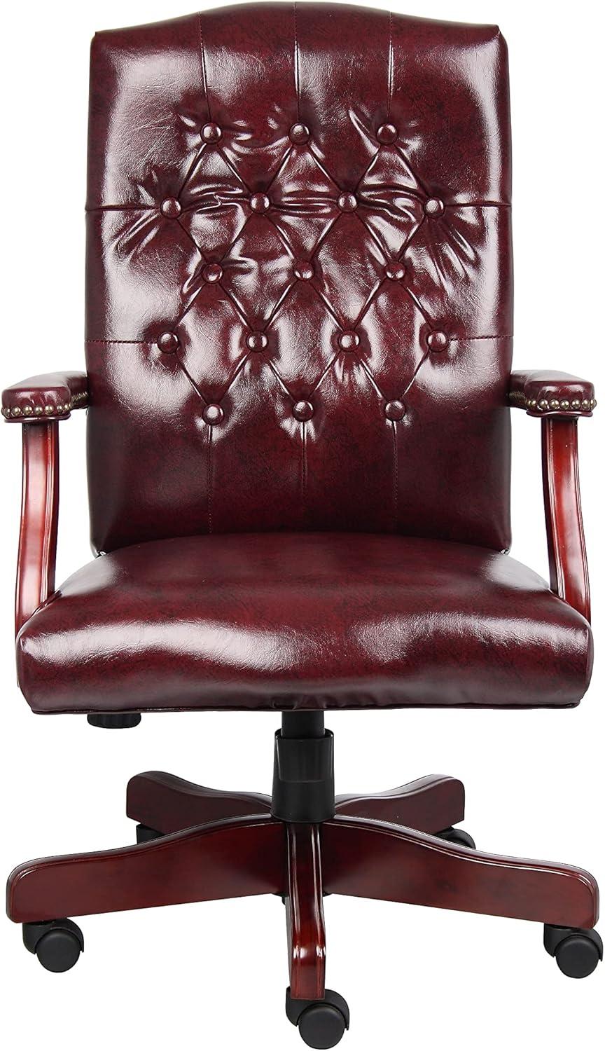 Oxblood Vinyl High Back Executive Swivel Chair with Mahogany Finish