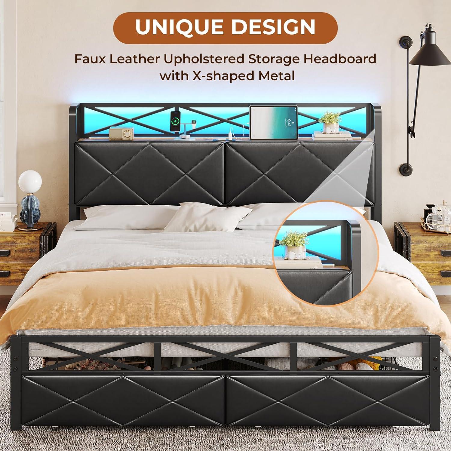 Queen Size Upholstered Platform Bed Frame with 2 Drawers, LED Bed Frame with Hidden Storage Headboard and Outlets, No Box Spring Needed, Black