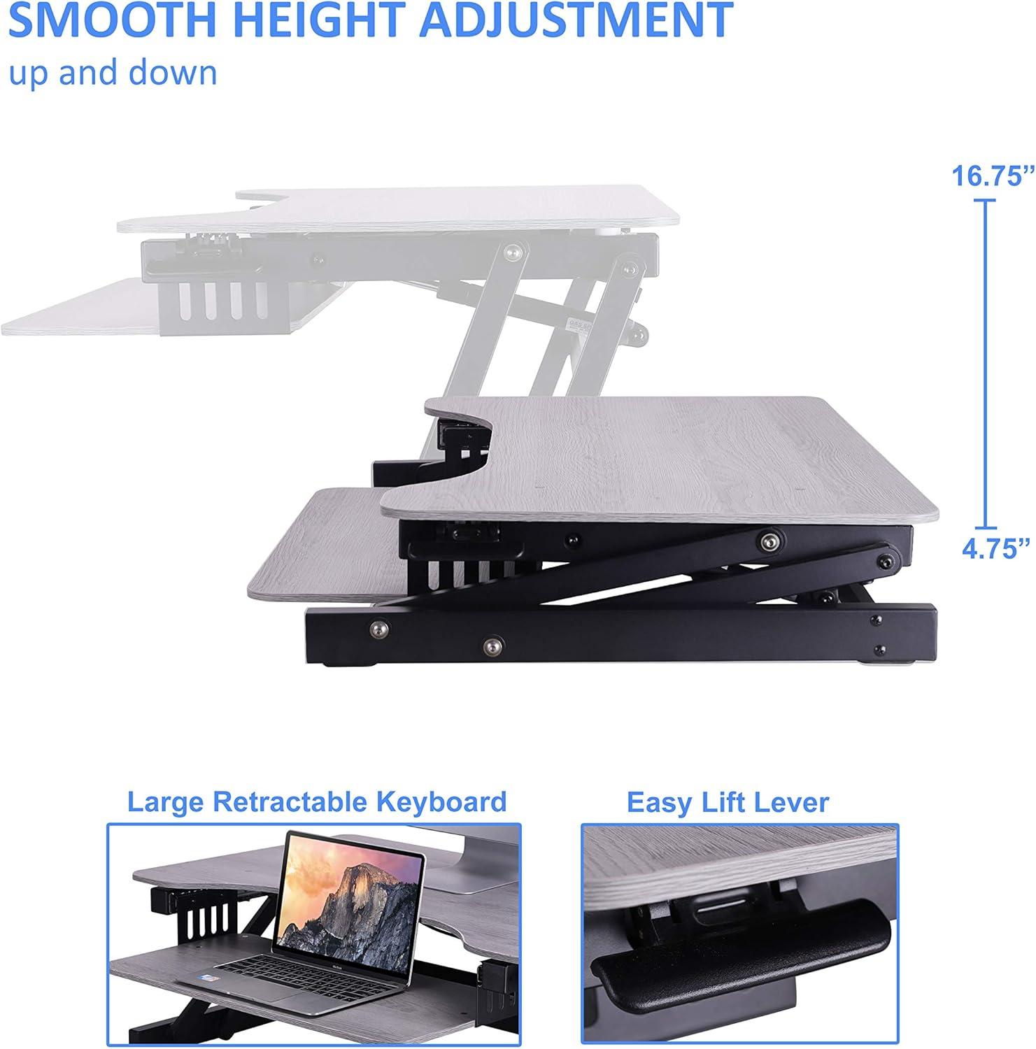 Gray Adjustable Standing Desk Converter with Retractable Keyboard Tray