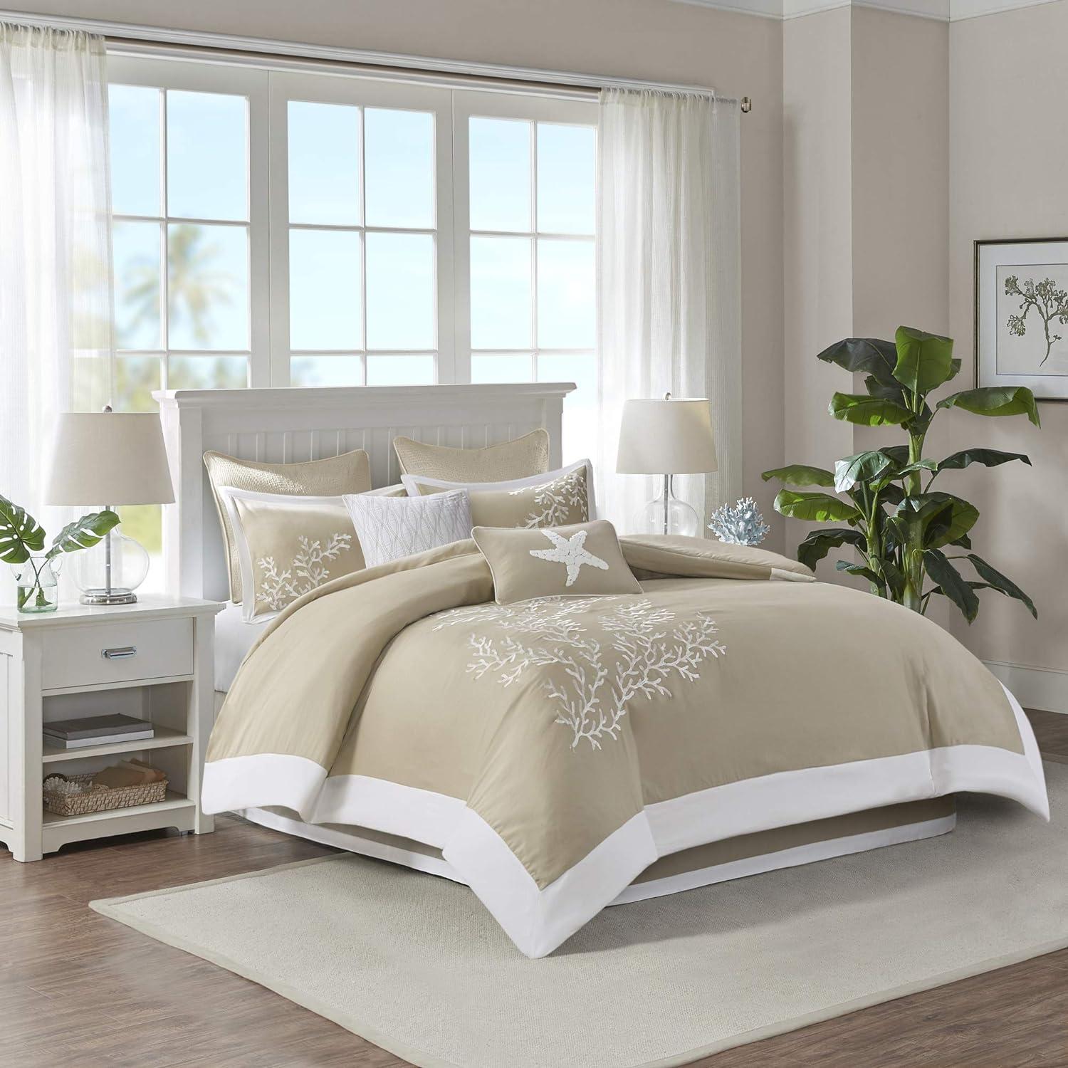 Coastal Khaki and White Cotton Queen Comforter Set