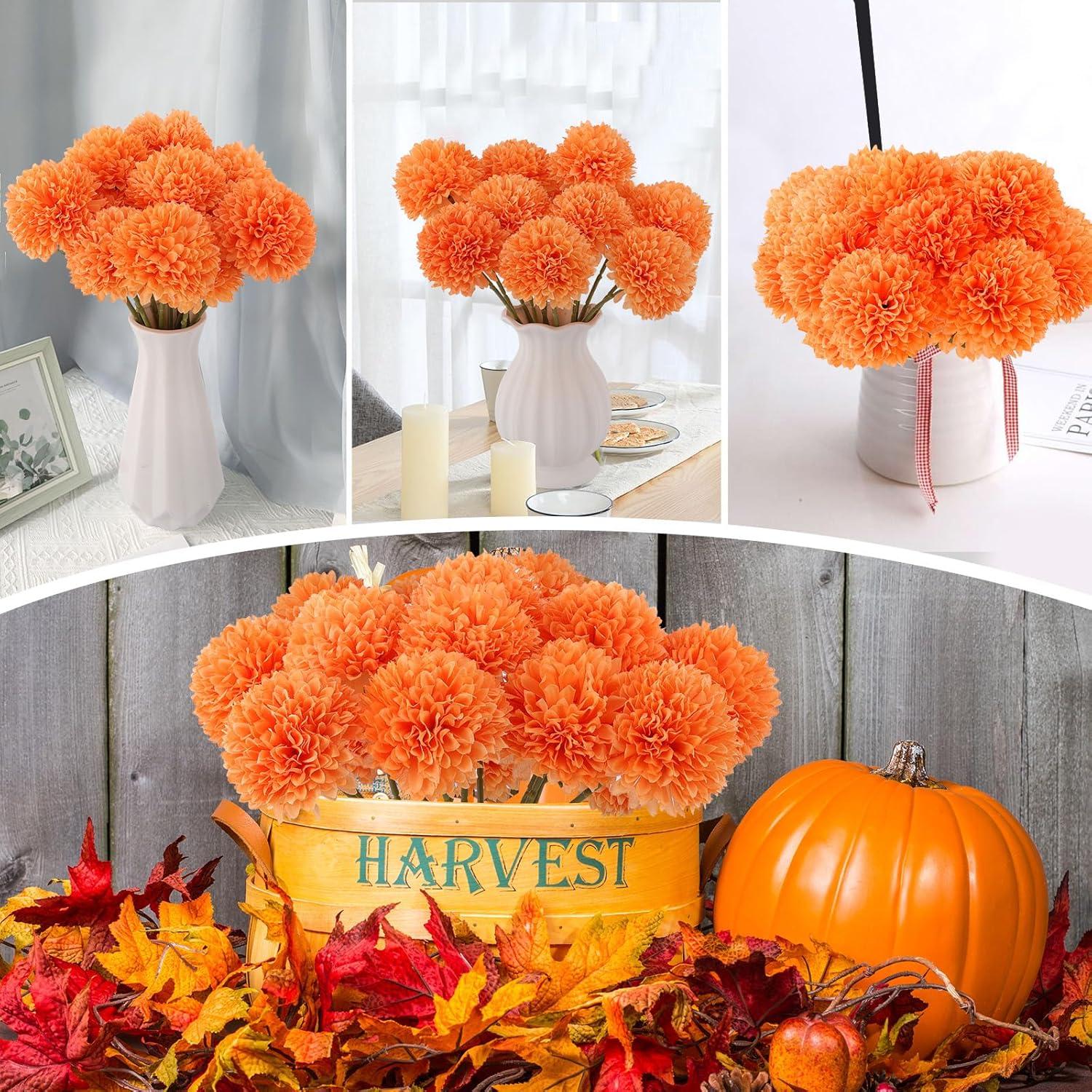 12pcs Orange Fake Flowers 12" Artificial Chrysanthemum Ball Silk Flowers Bouquet for Home Kitchen Wedding Table Arrangement Decorations