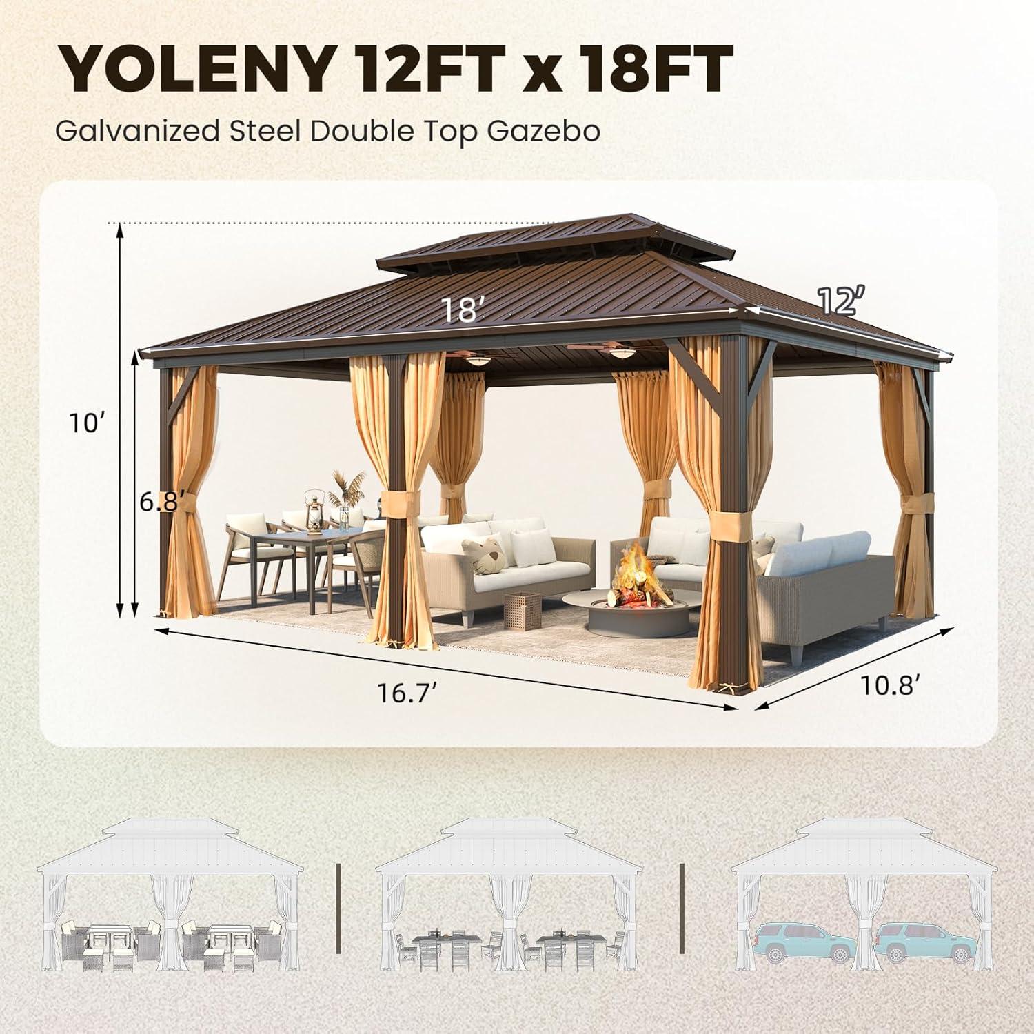 Erommy Outdoor Gazebo Pergola w Galvanized Steel Roof and Aluminum Frame, Prime Curtains & Netting Include 12' x 18'