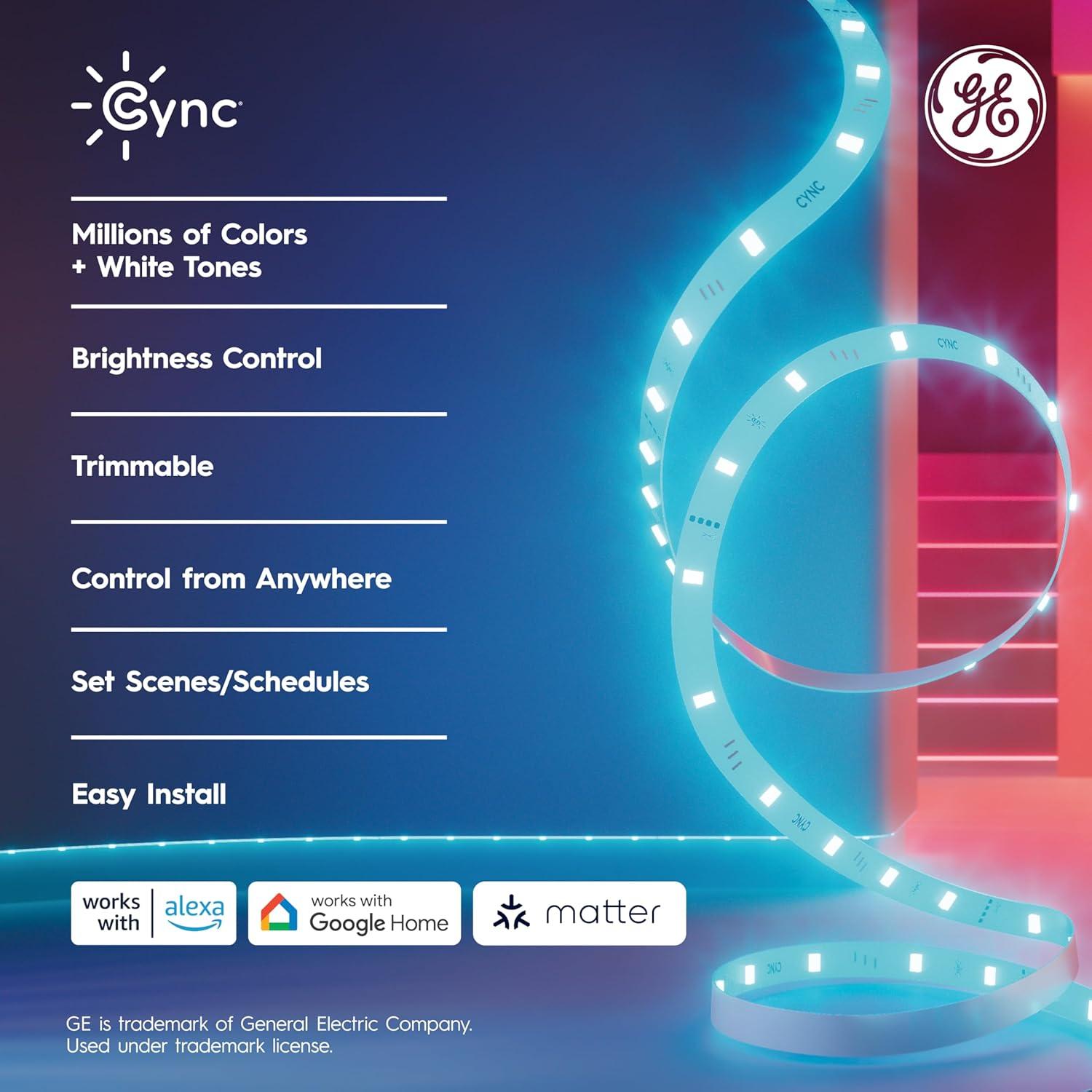 GE GE CYNC Smart LED Full Color Light Strip Power Supply 16': Multicolored Indoor Strip Lights, 1 Million Settings
