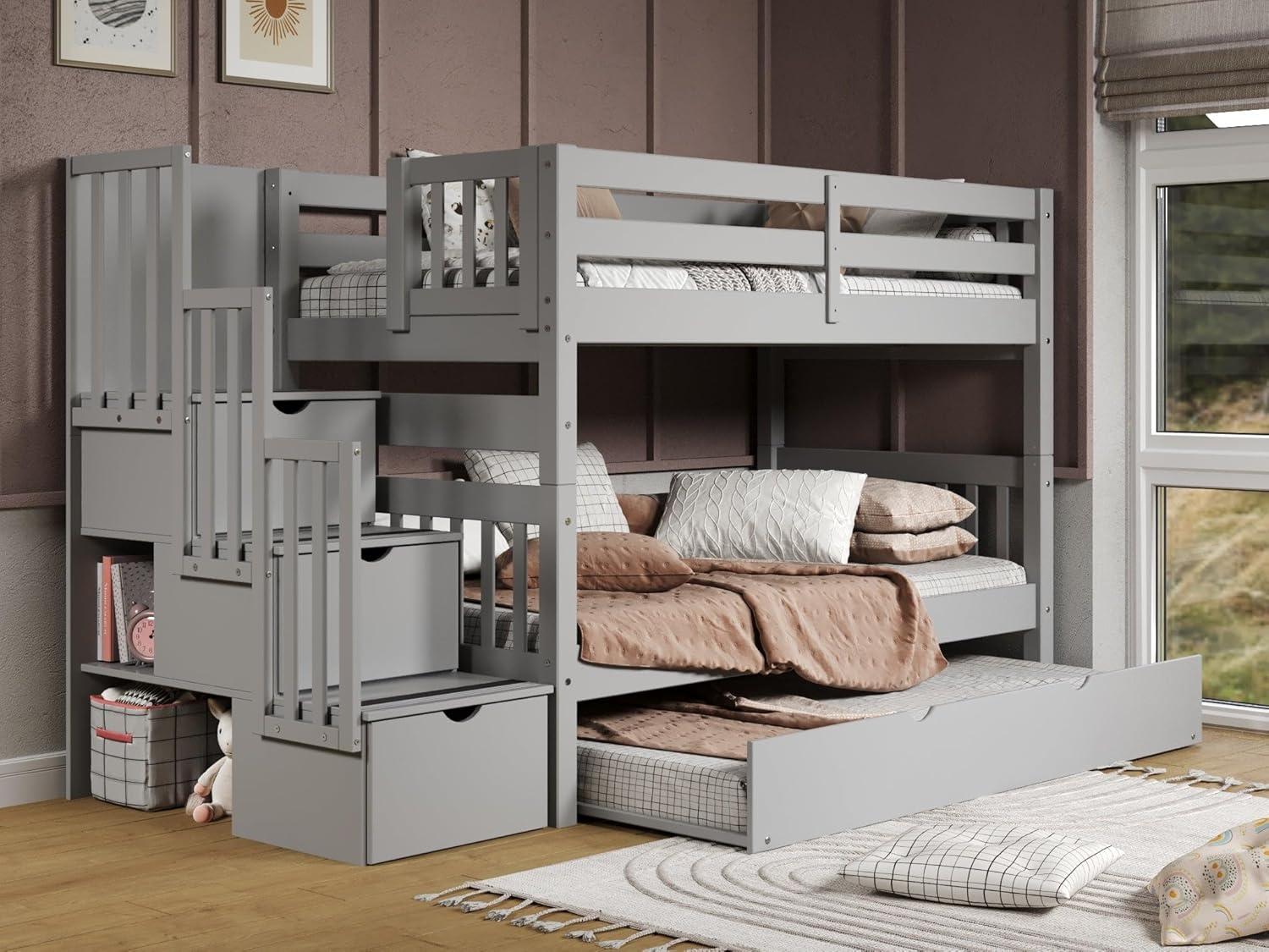 Gray Twin Over Twin Pine Bunk Bed with Trundle and Storage Drawers