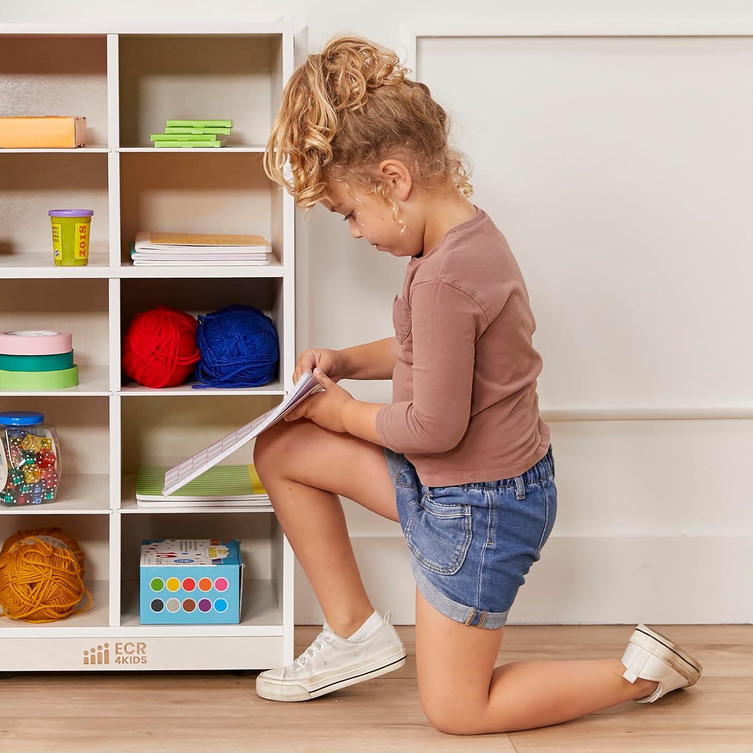 ECR4Kids 10 Cubby Mobile Tray Storage Cabinet, 5x2, White Wash