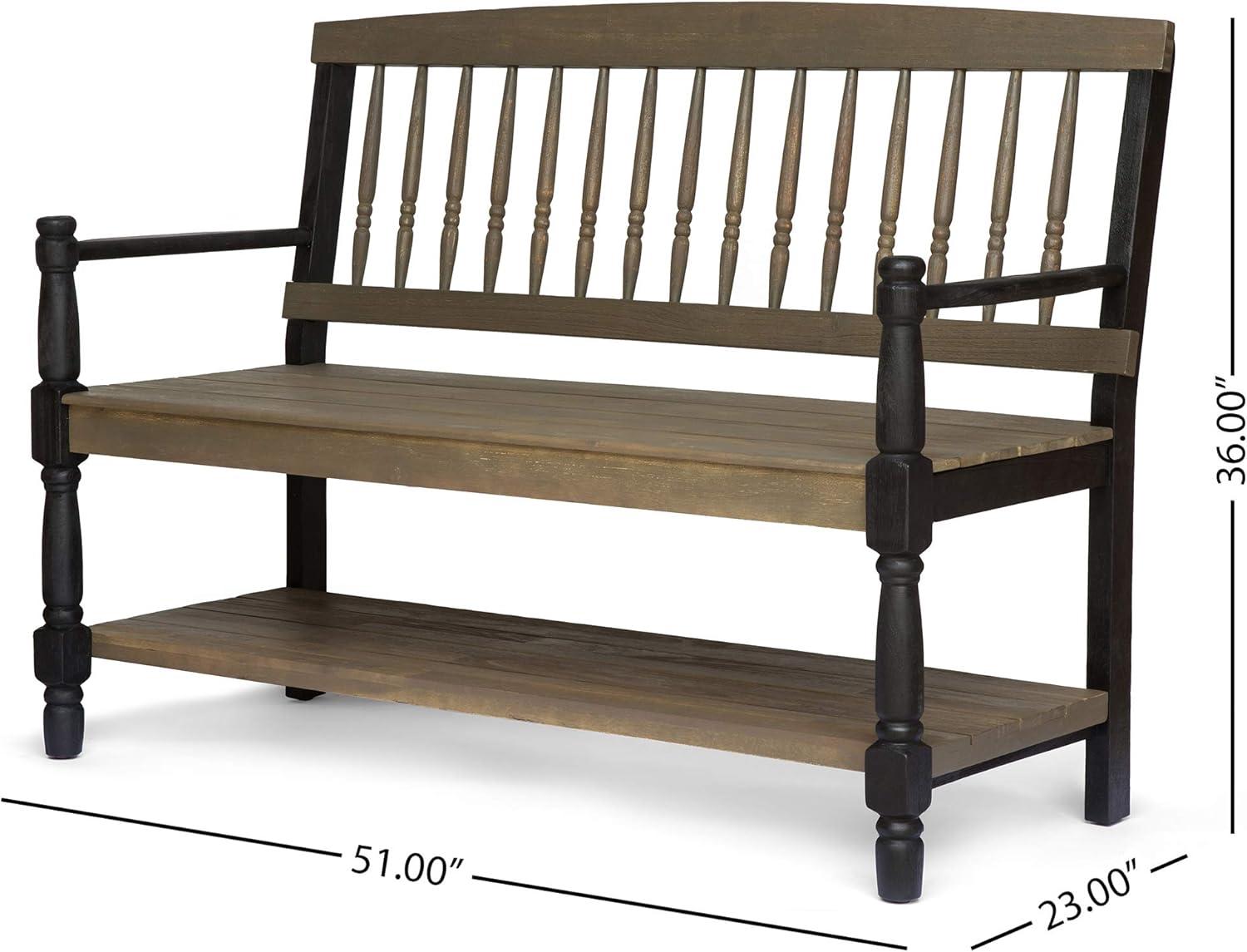 Gray and Black Acacia Wood Farmhouse Bench with Shelf