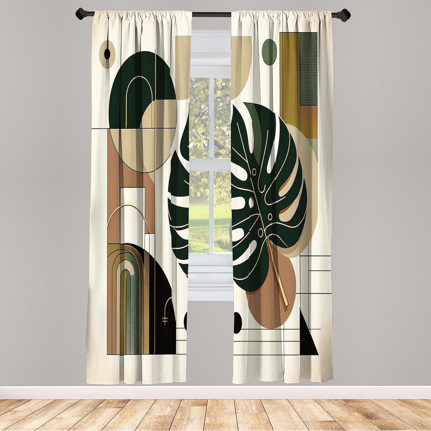 Ambesonne Modern Curtains, Monstera Leaf Mid Century, Pair of 28"x95", Beige Dark Green Caramel