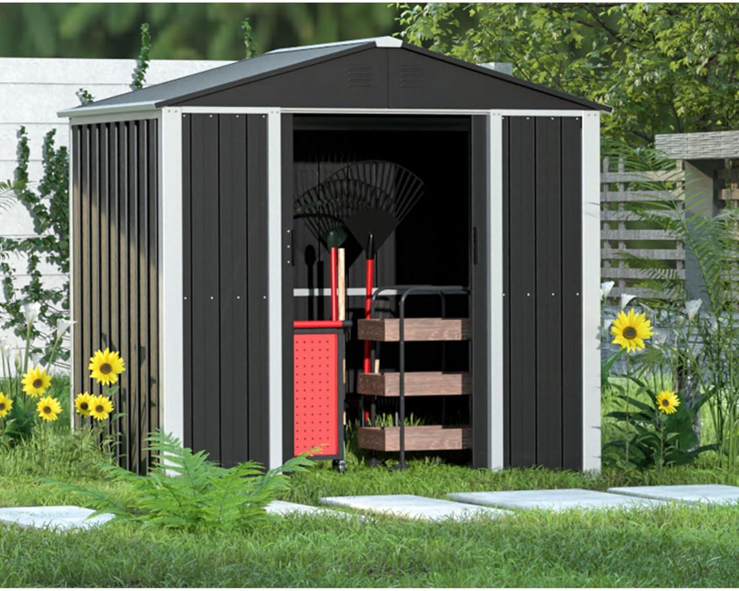 AOBABO Metal Outdoor Utility Tool Storage Shed with Roof Slope Design, Door and Lock for Backyards, Gardens, Patios and Lawns