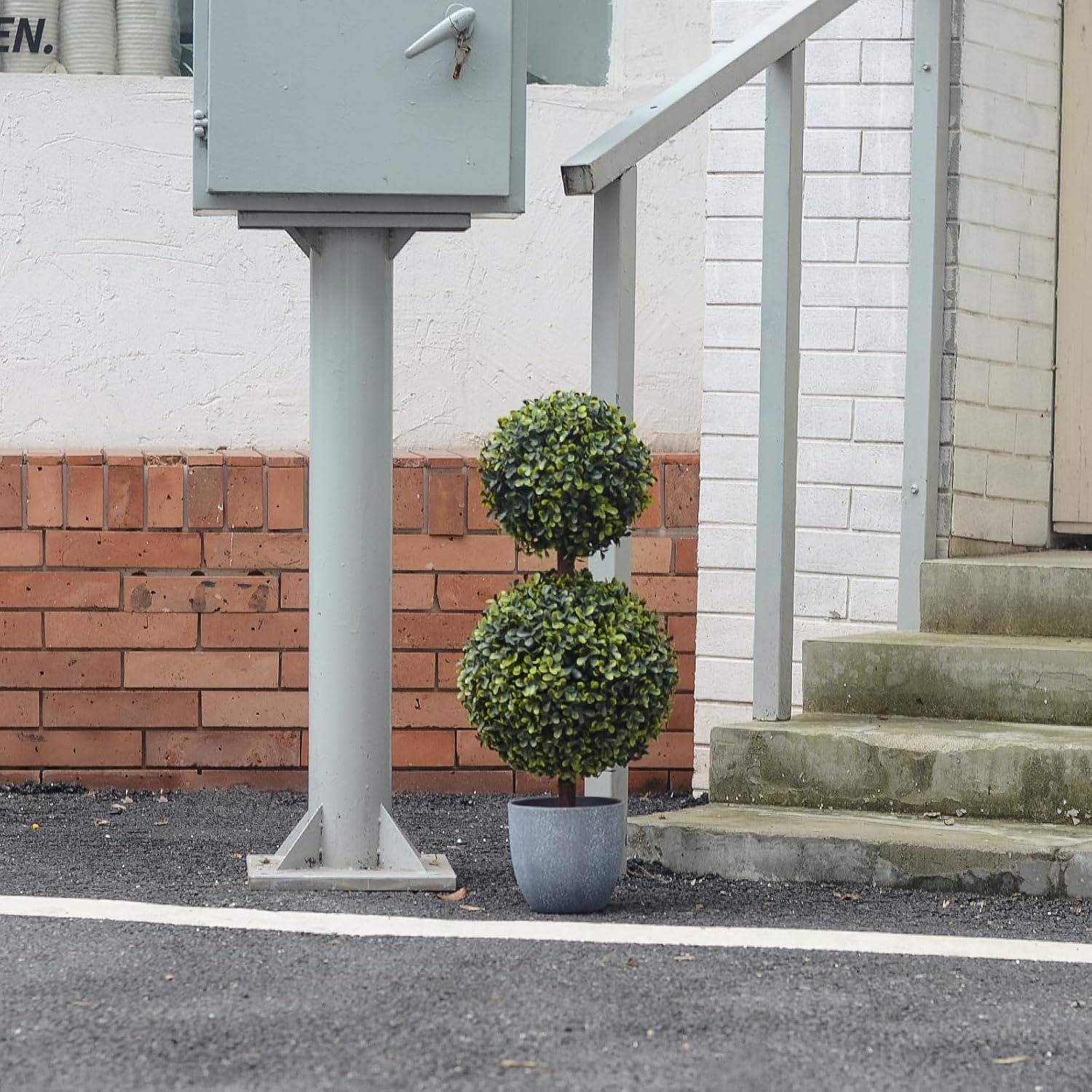 22’’ Faux Boxwood Topiary Ball Tree Set of 2, Artificial Plants Outdoor Weather Resistant, Cement-Filled Potted Bushes, Evergreen Topiary Trees Artificial for Porch Decoration Indoor Outdoor
