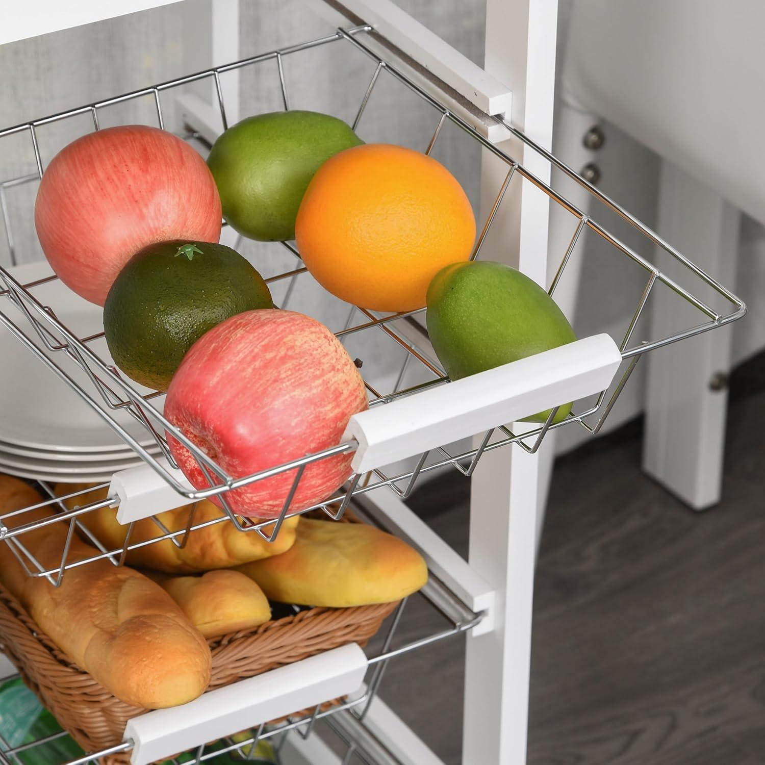 HOMCOM 32.25" Wooden Rolling Kitchen Storage Cart on 360° Swivel Wheels with Ample Storage Space & Solid Structure White