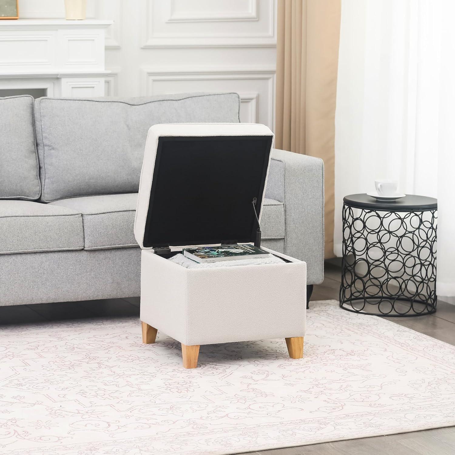 HomePop Cole Classics Square Storage Ottoman with Lift Off Top Linen: Upholstered Footstool, Wood Legs, Polyester