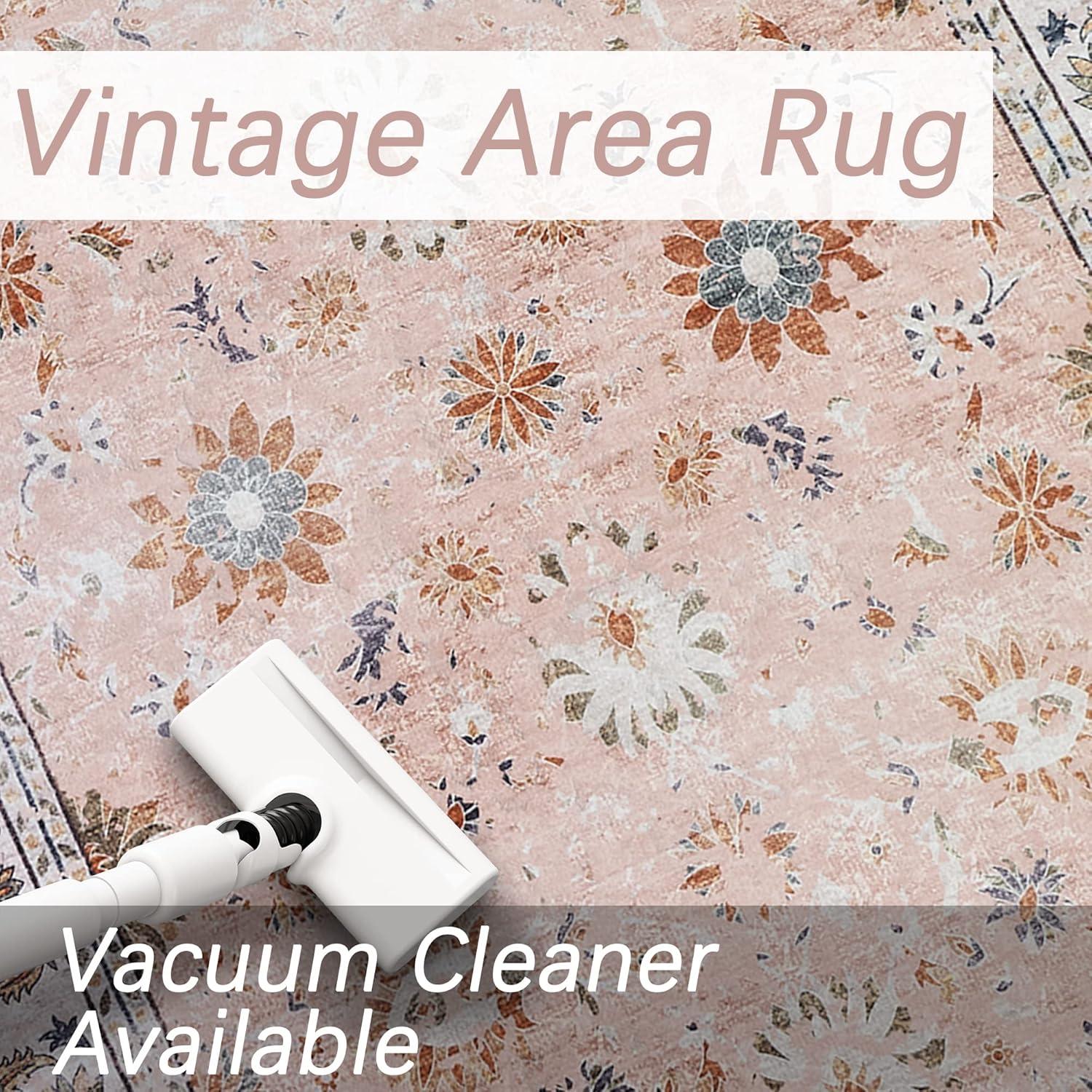 Hasoo Area Rug 5' x 7' Washable Modern Floral Rugs for Living Room Non-Slip Accent Carpet Pink