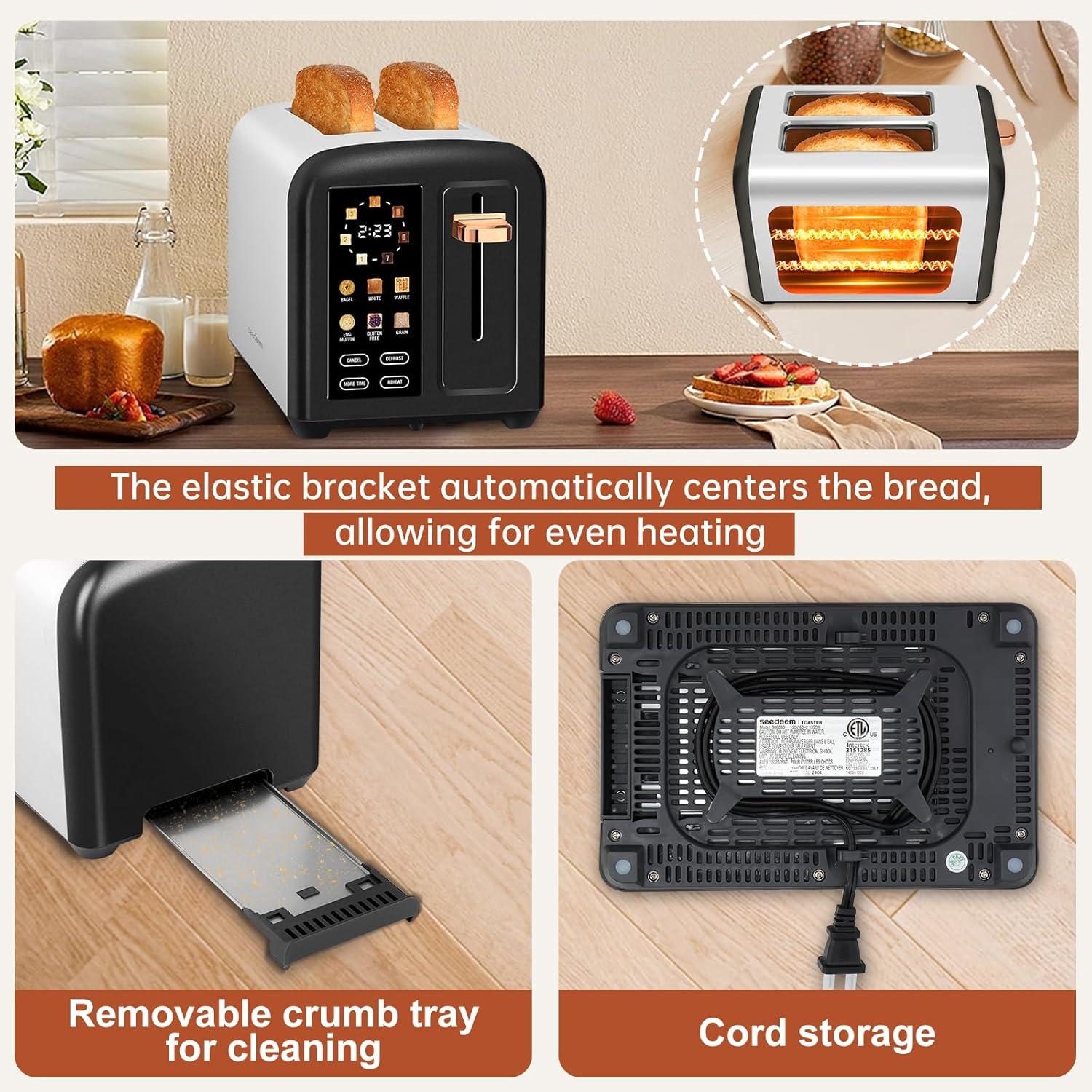 SEEDEEM Toaster 2 Slice with Touch Screen, Faster Heating Speed, 7 Shade Setting, 6 Bread Type, 1.5”Wide Slots Toaster, Removable Crumb Tray, 1350W, Dark Cherry