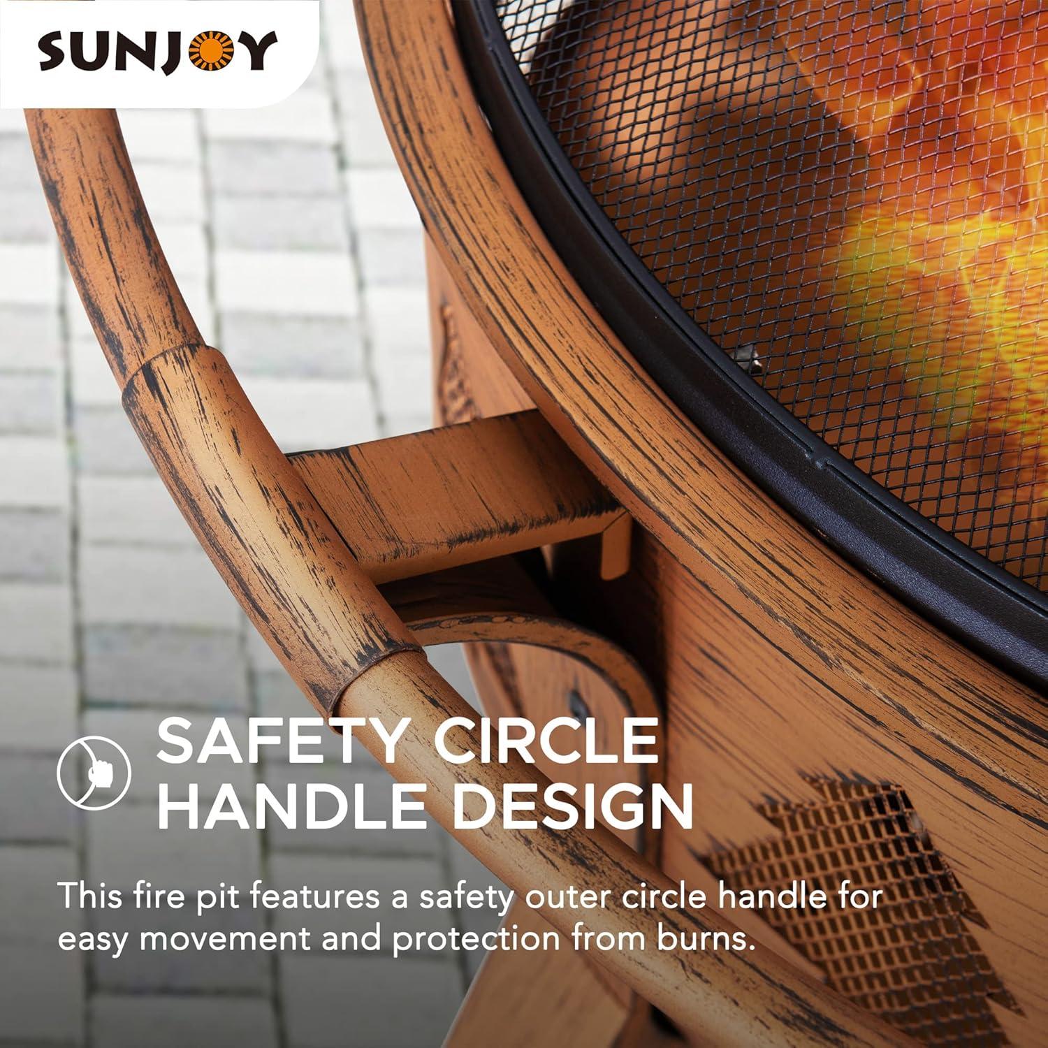 SUNJOY Fire Pit 30 Inch Outdoor Wood-Burning Fire Pit, Patio Tree Motif Round Steel Firepit Large Fire Pits for Outside with Spark Screen and Poker