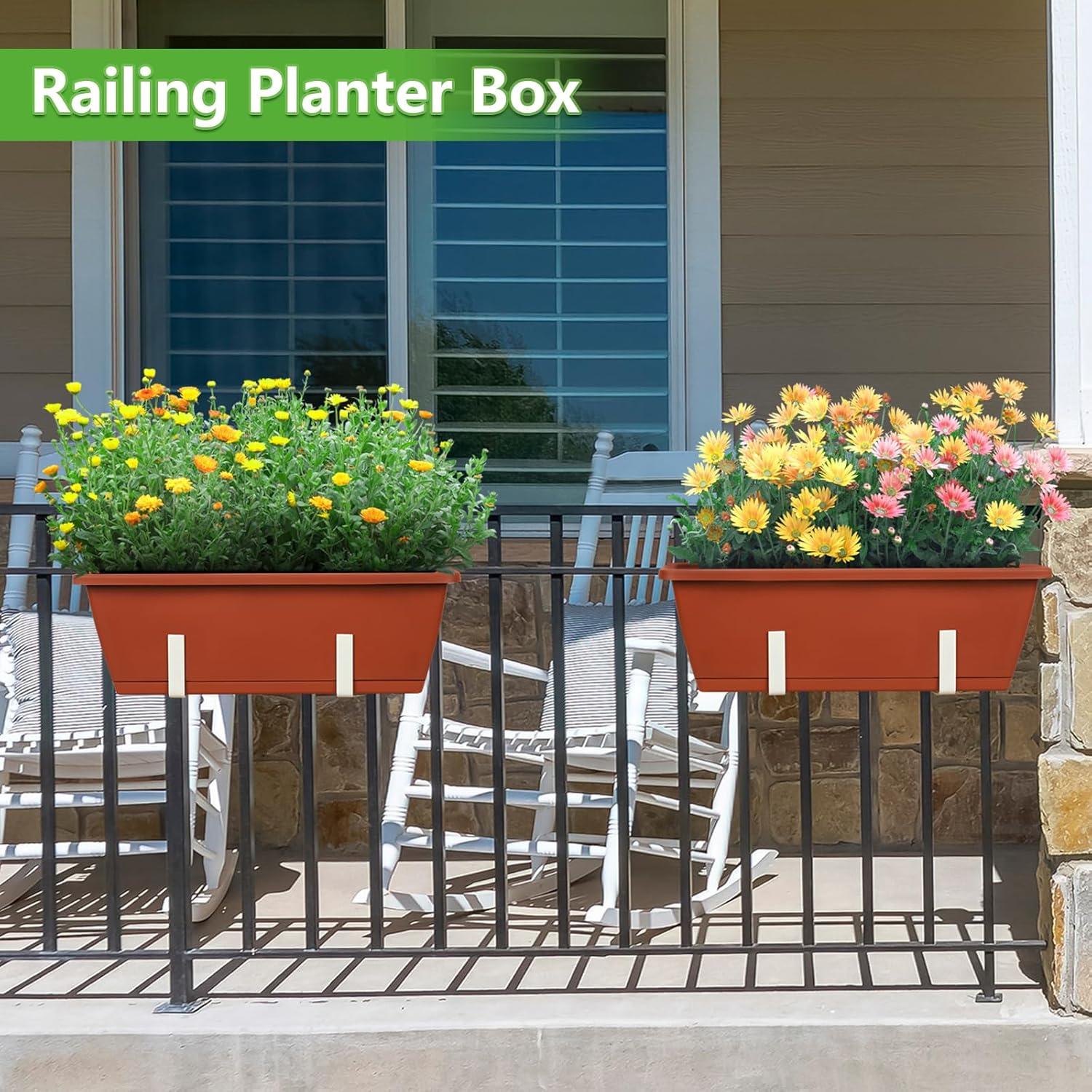 Red and White 17 Inch Plastic Railing Planter Boxes, Set of 4