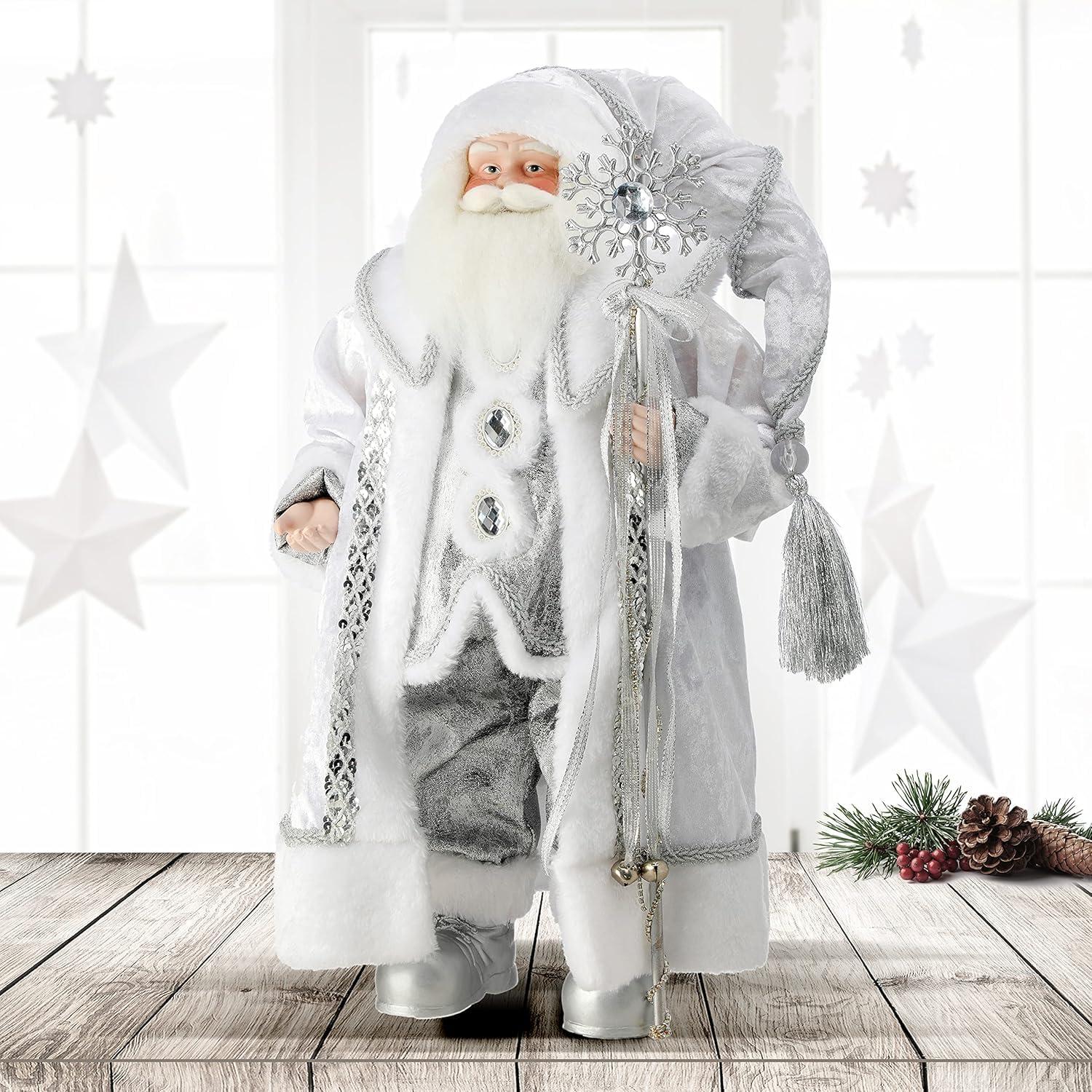 28-Inch White and Silver Resin Winter Santa Figurine