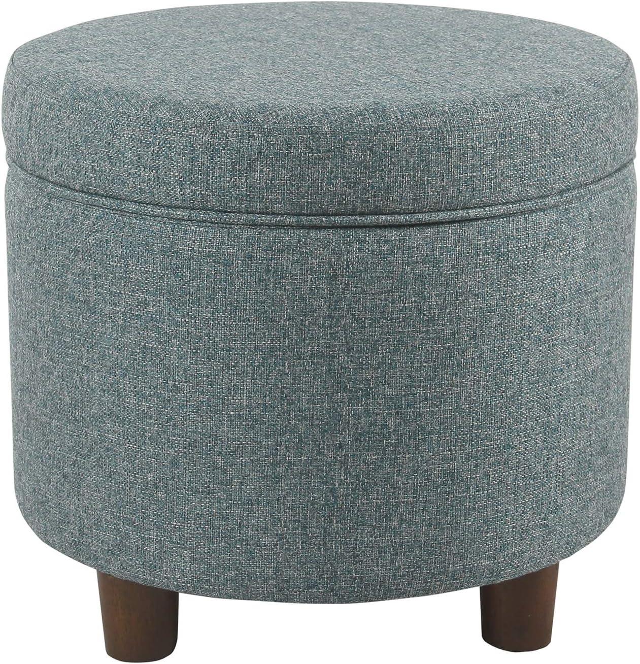 Mid-Century Modern Teal Tweed Round Storage Ottoman