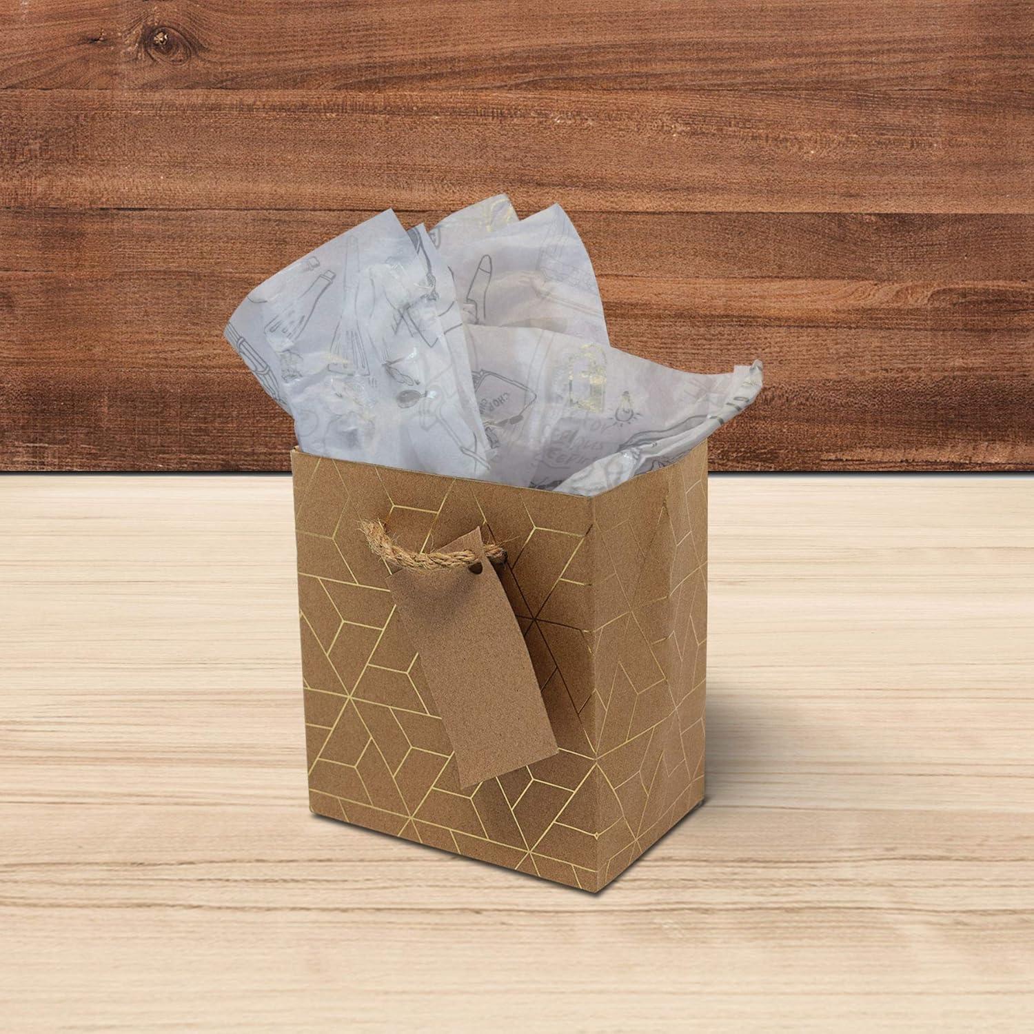 OccasionALL Mini Gift Bags with Handles, Brown Gold Paper Tote for Christmas, Holidays, Cards, Weddings, Birthdays, Shopping, Bulk, 4x2.75x4.5 12 Pack